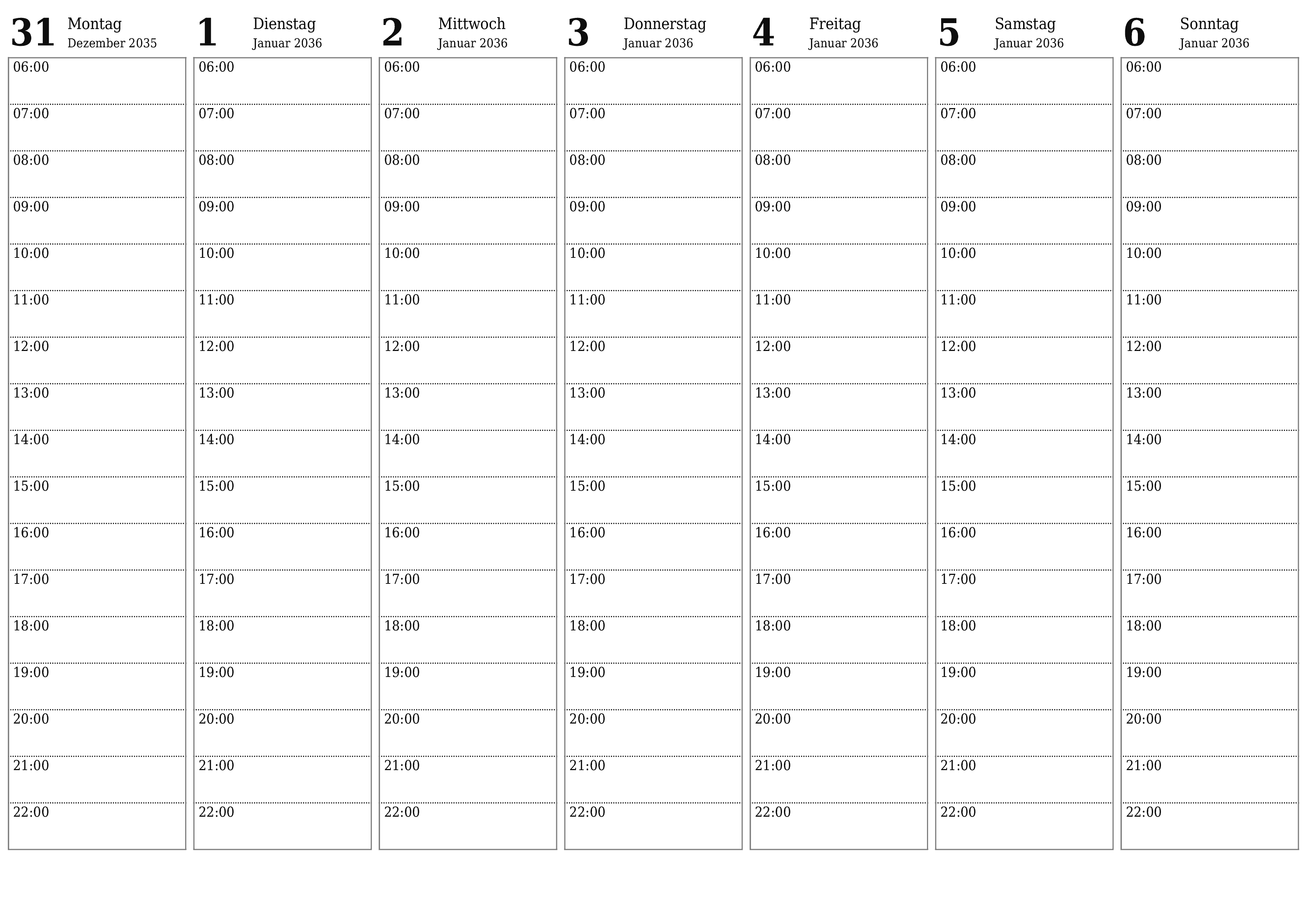 Wochenplaner für Wochen Januar 2036 mit Notizen leeren, speichern und als PDF drucken PNG German