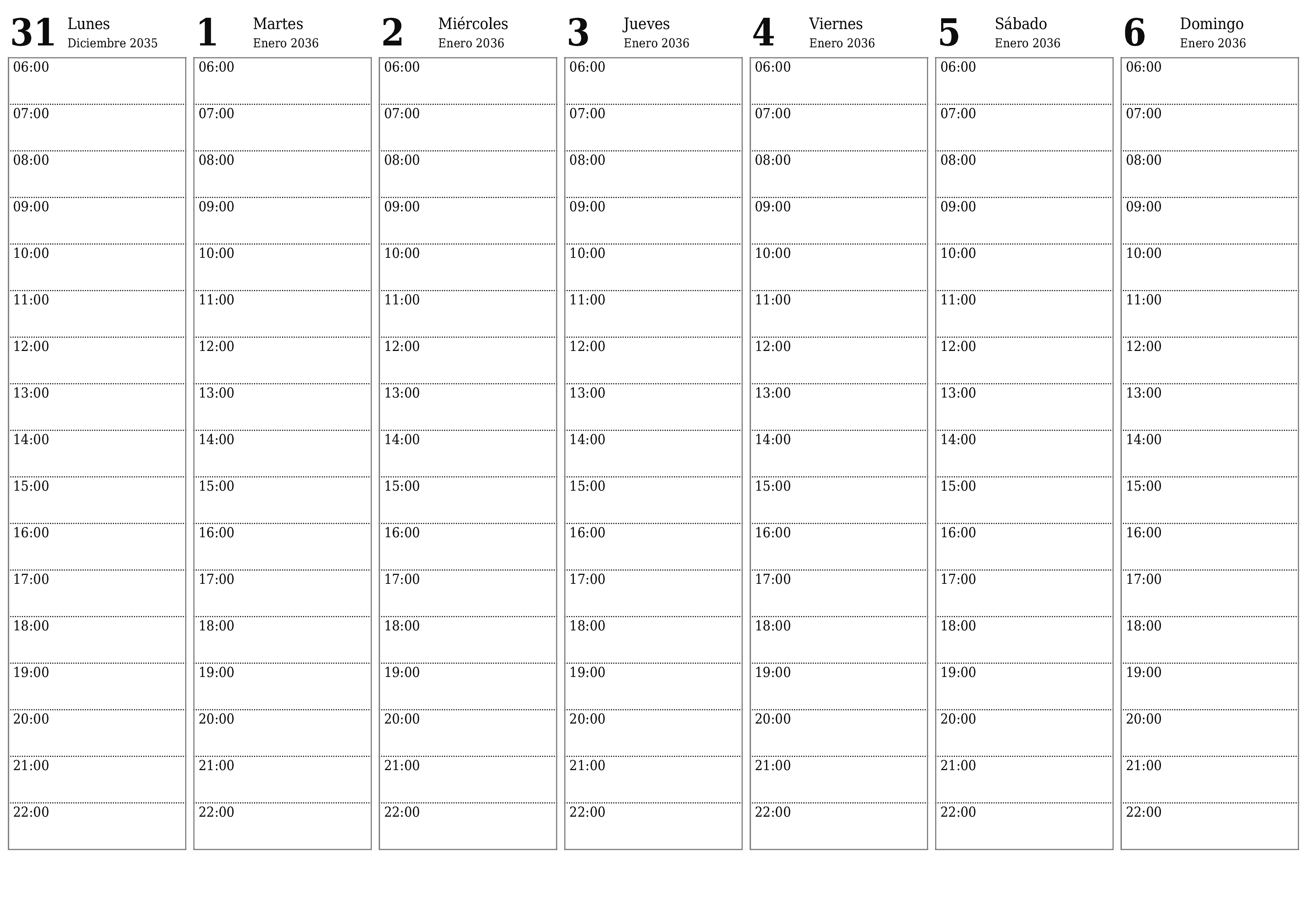 Planificador semanal vacío para semanas Enero 2036 con notas, guardar e imprimir en PDF PNG Spanish