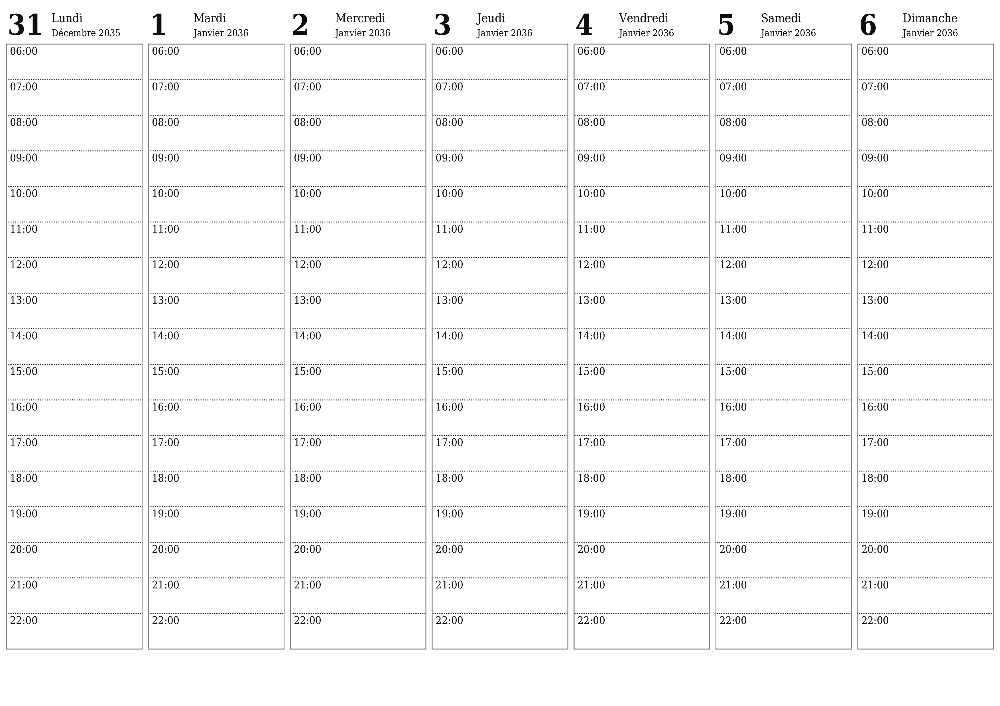 Agenda hebdomadaire vide pendant des semaines Janvier 2036 avec notes, enregistrez et imprimez au format PDF PNG French