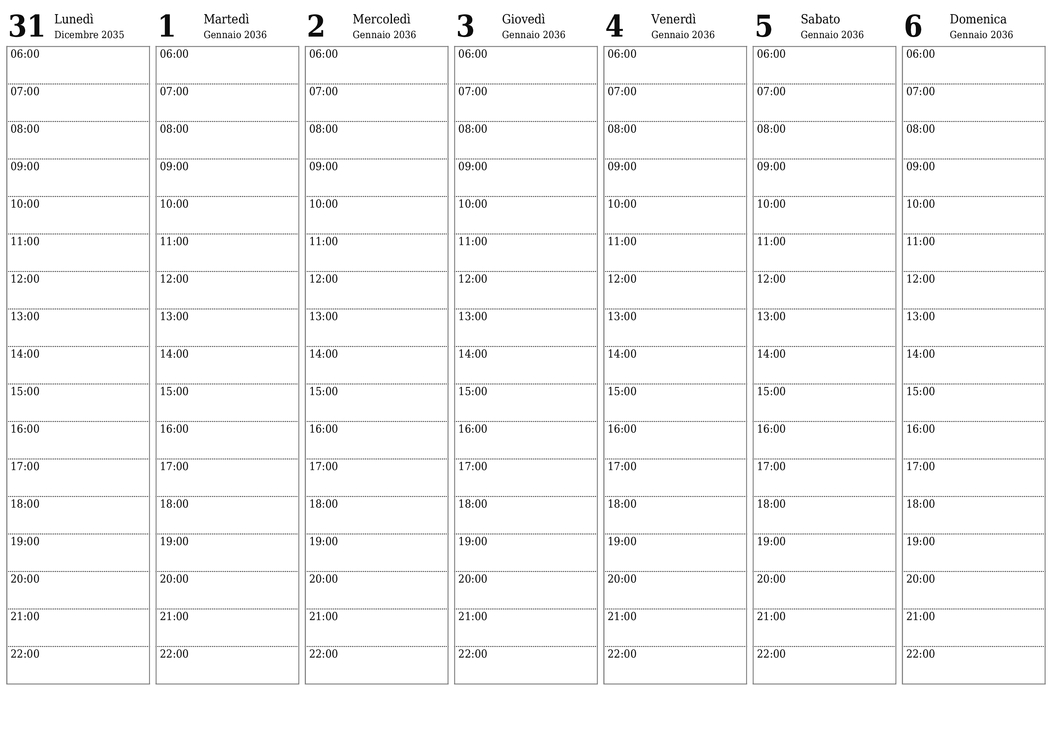 Agenda settimanale vuota per settimane Gennaio 2036 con note, salva e stampa in PDF PNG Italian
