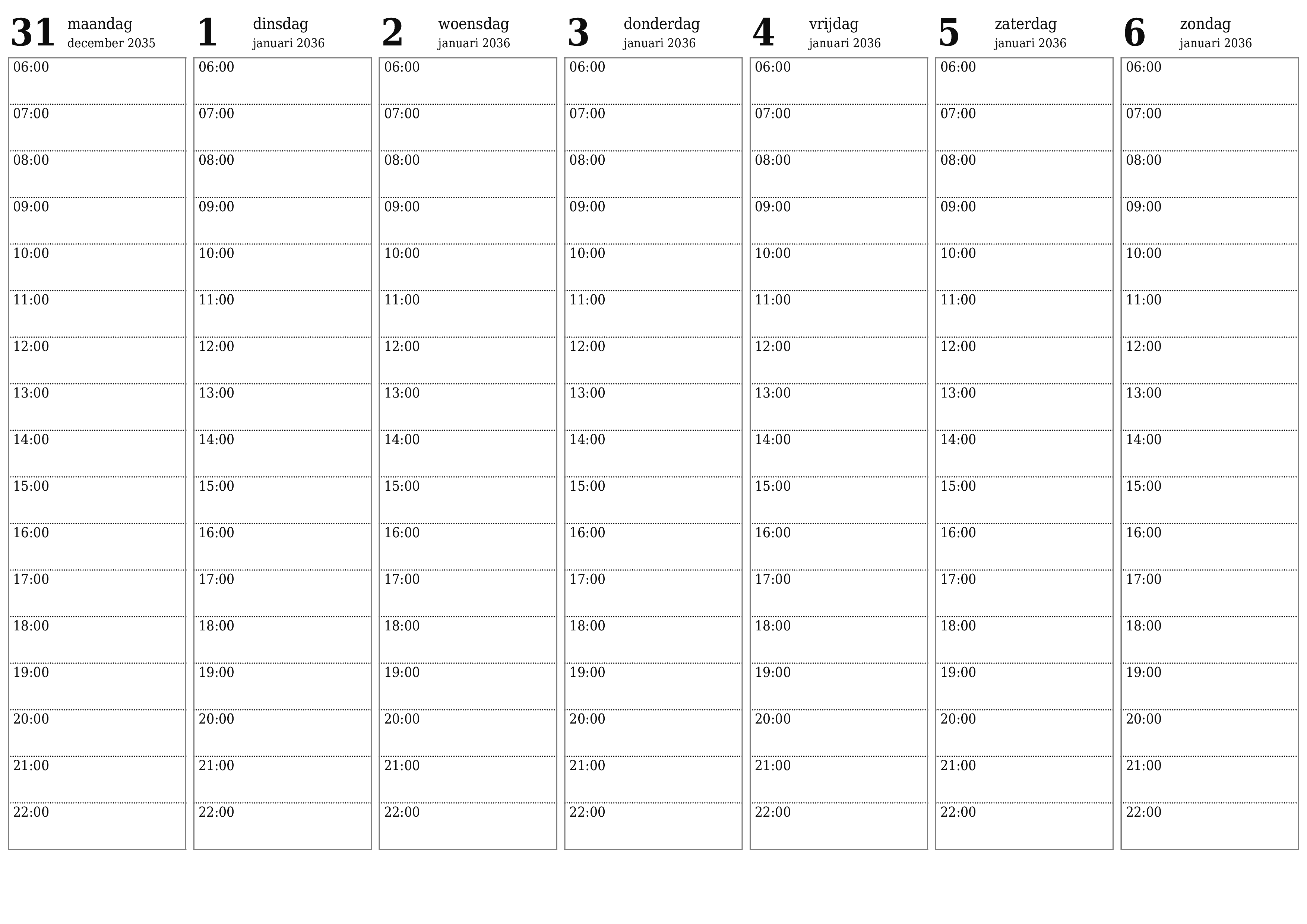 afdrukbare muur sjabloon gratis horizontaal Wekelijks planner kalender januari (jan) 2036