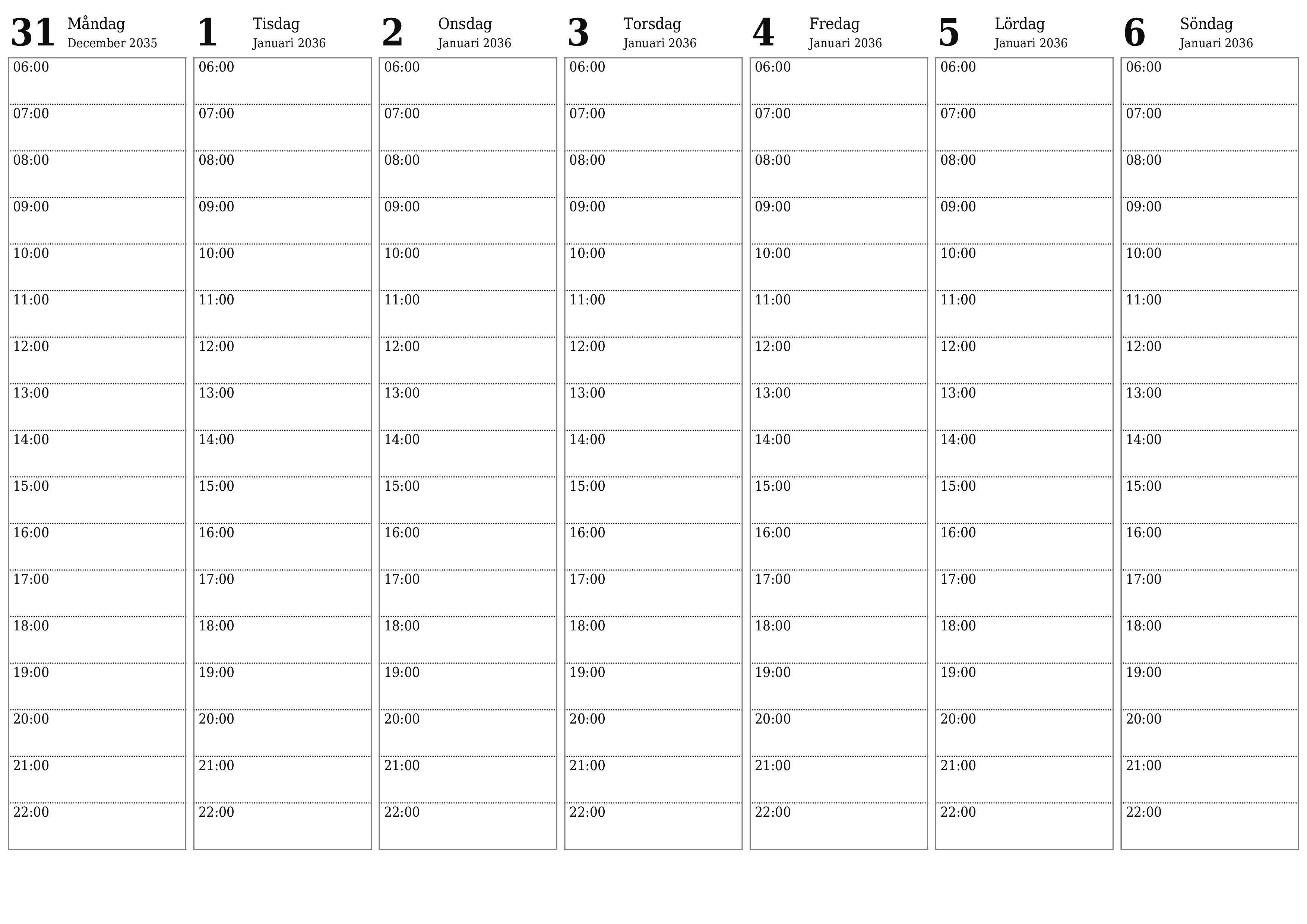 utskrivbar vägg mall gratis horisontell Veckovis planerare kalender Januari (Jan) 2036