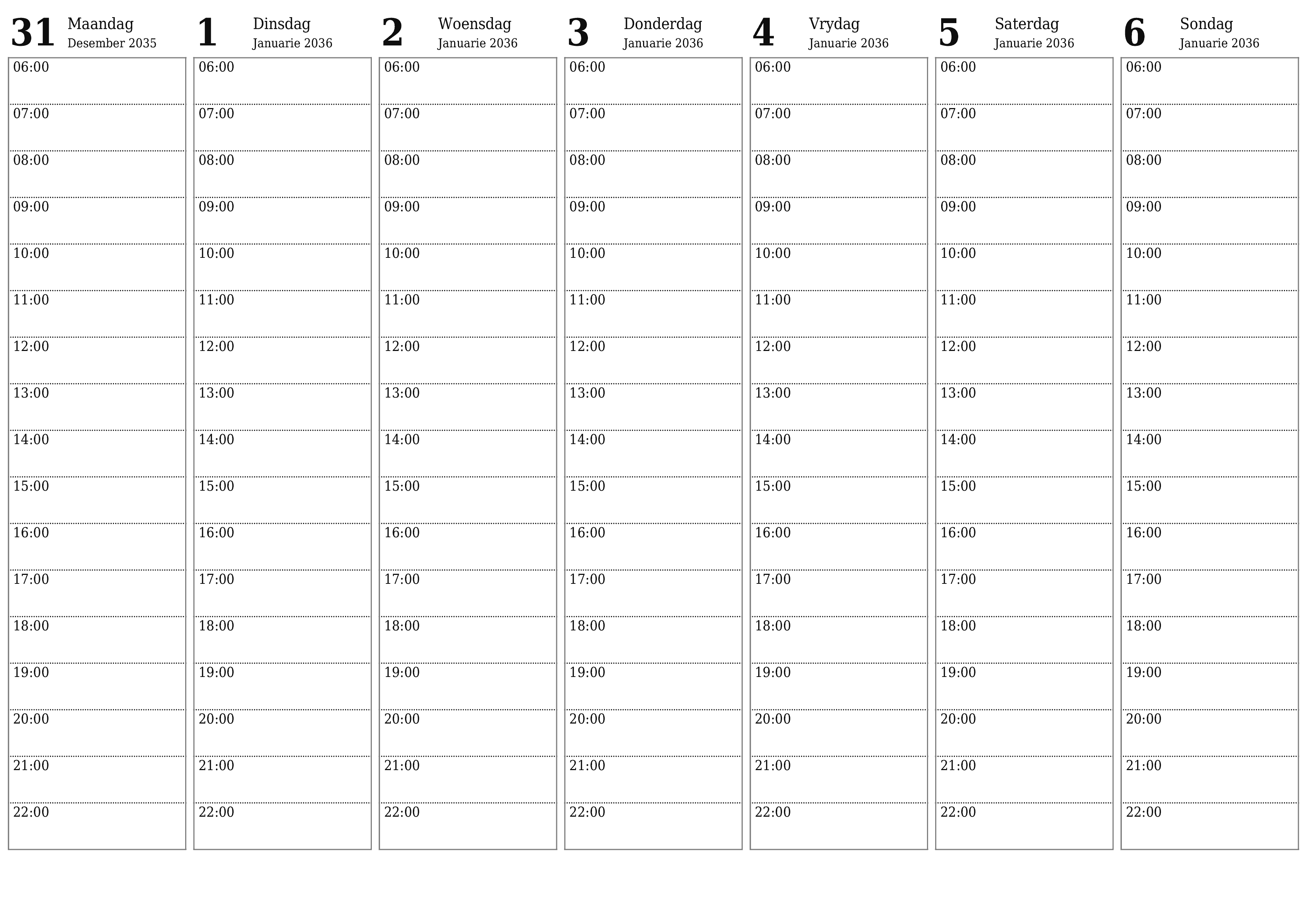 Leë weeklikse drukbare kalender en beplanner vir week Januarie 2036 met notas, stoor en druk na PDF PNG Afrikaans