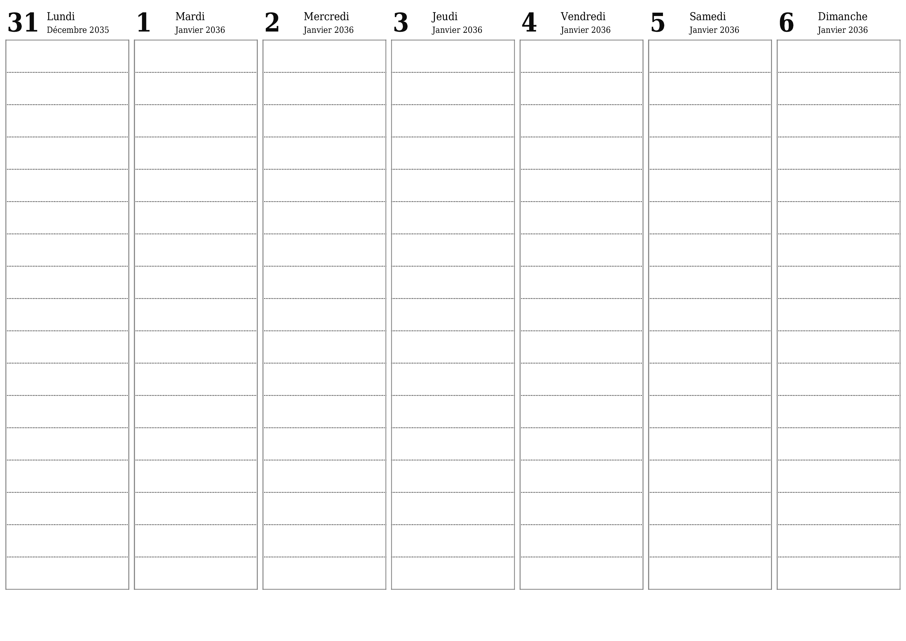 Agenda hebdomadaire vide pendant des semaines Janvier 2036 avec notes, enregistrez et imprimez au format PDF PNG French