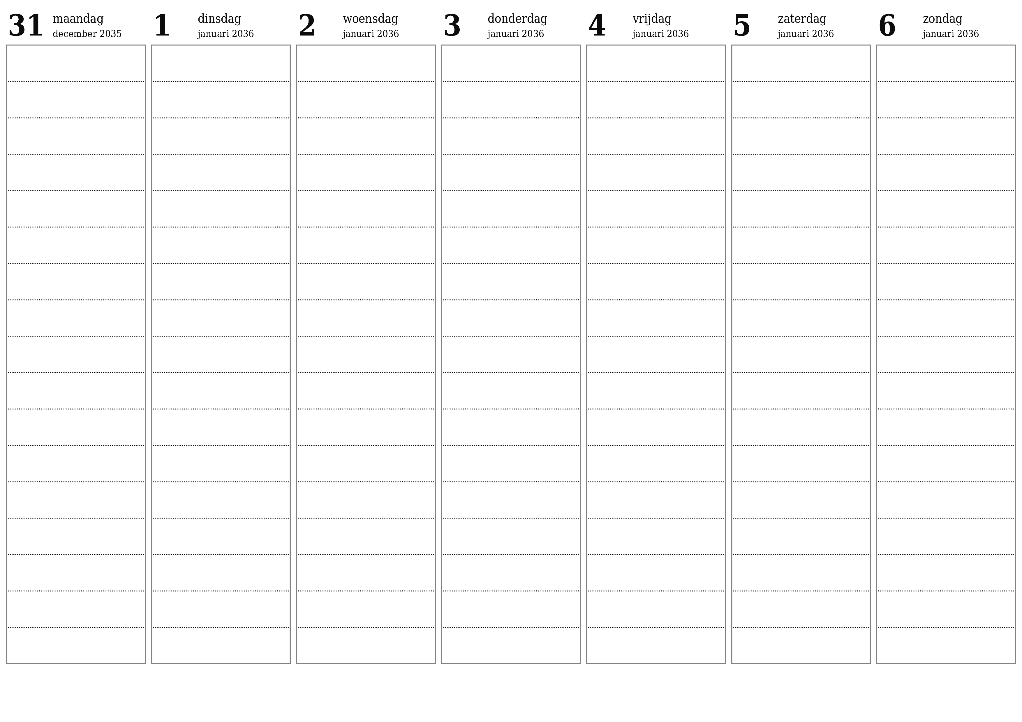 Lege weekplanner voor weken januari 2036 met notities, opslaan en afdrukken naar pdf PNG Dutch