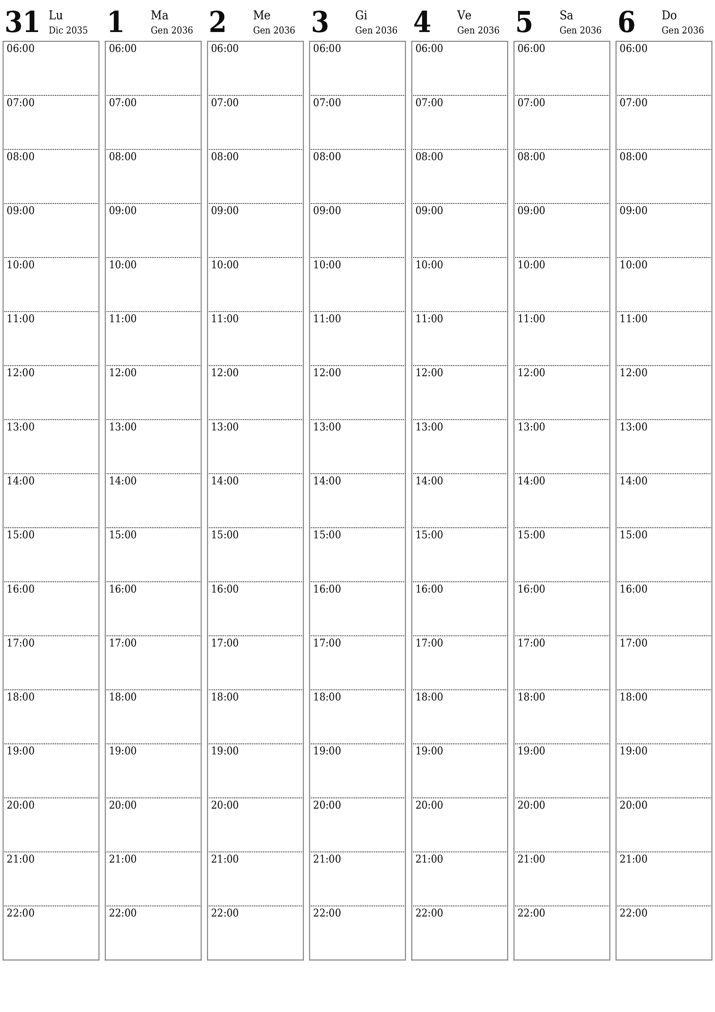  stampabile da parete modello di gratuitoverticale Settimanale pianificatore calendario Gennaio (Gen) 2036