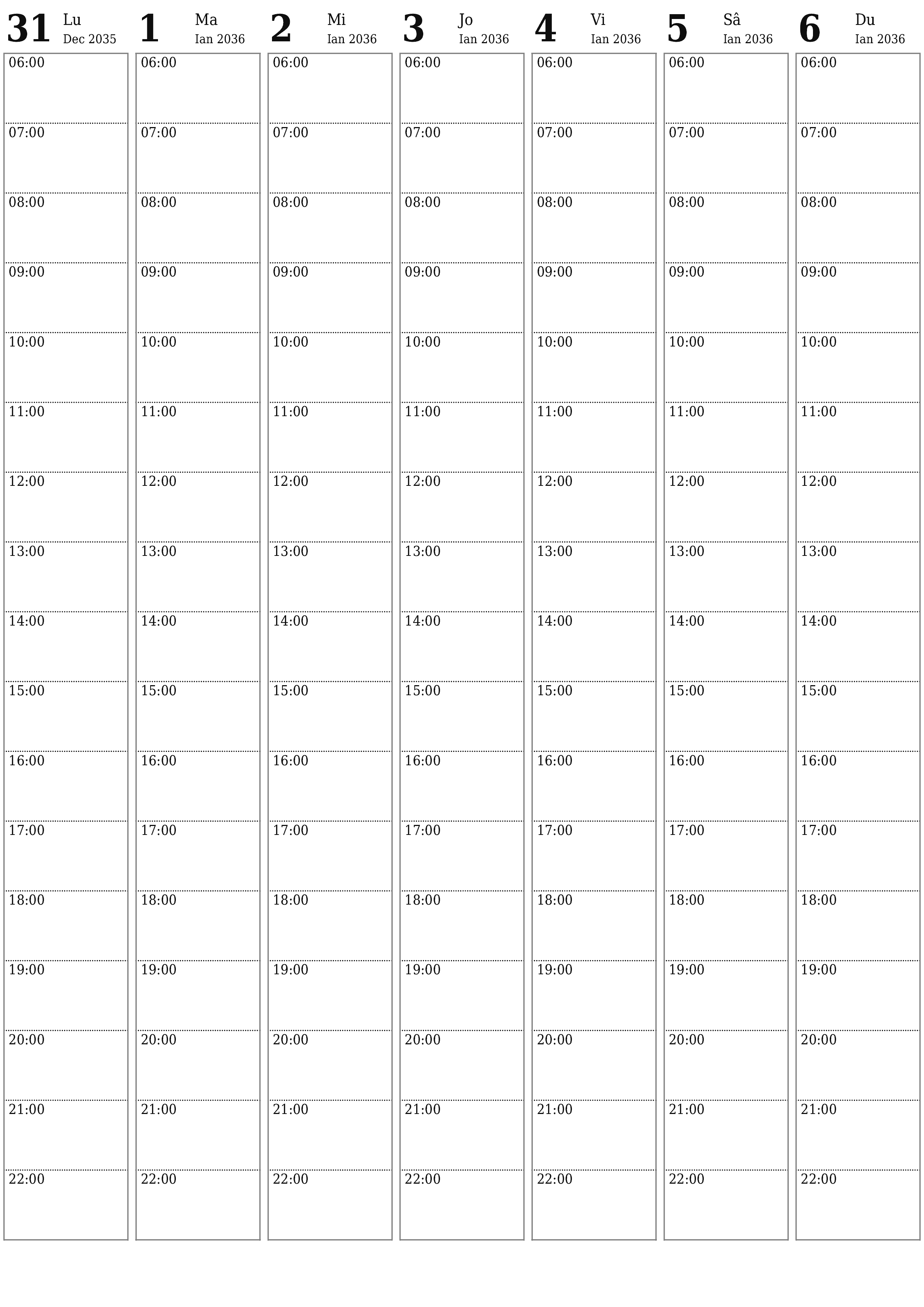  imprimabil de perete șablon de gratuitvertical Săptămânal planificator calendar Ianuarie (Ian) 2036