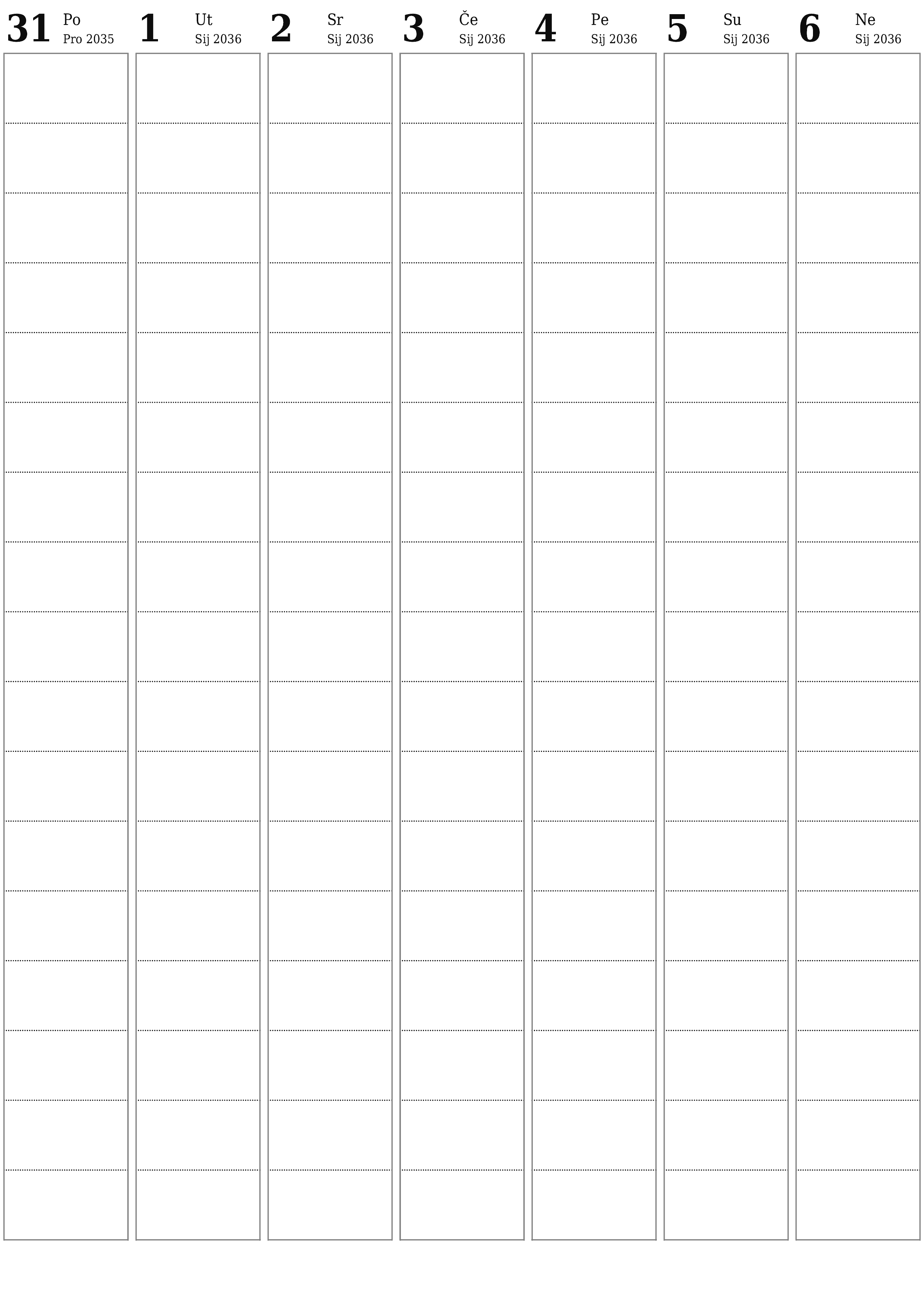  za ispis zidni predložak a besplatni okomito Tjedni planer kalendar Siječanj (Sij) 2036