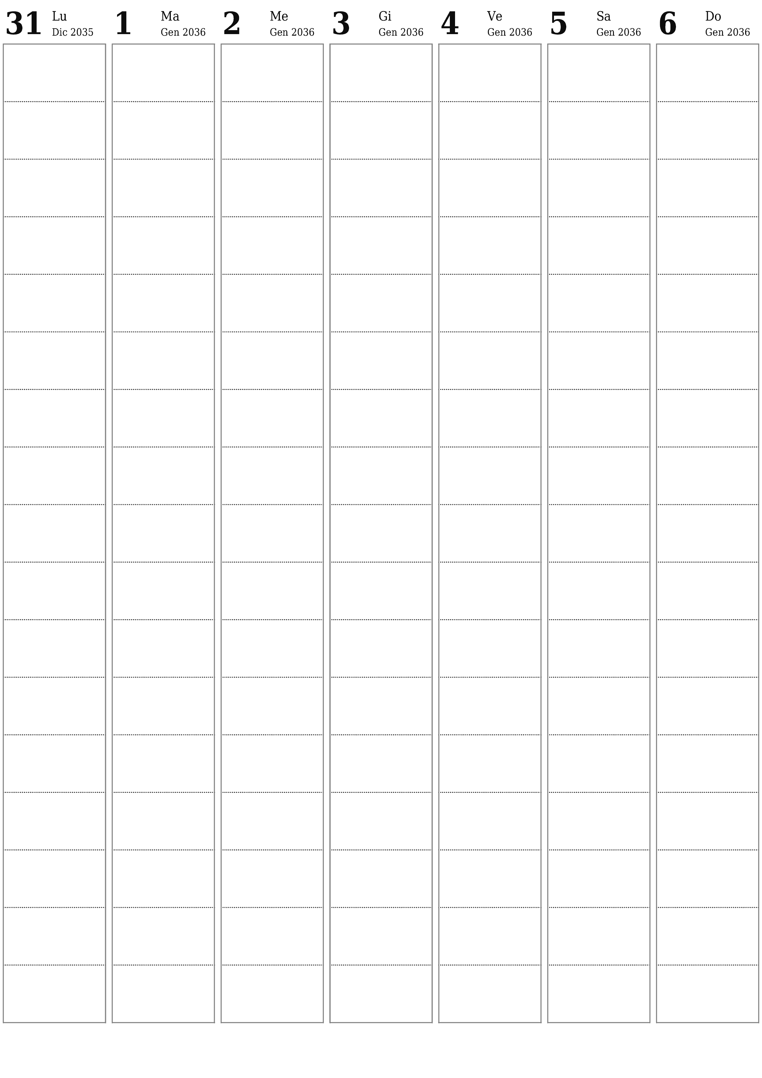  stampabile da parete modello di gratuitoverticale Settimanale pianificatore calendario Gennaio (Gen) 2036