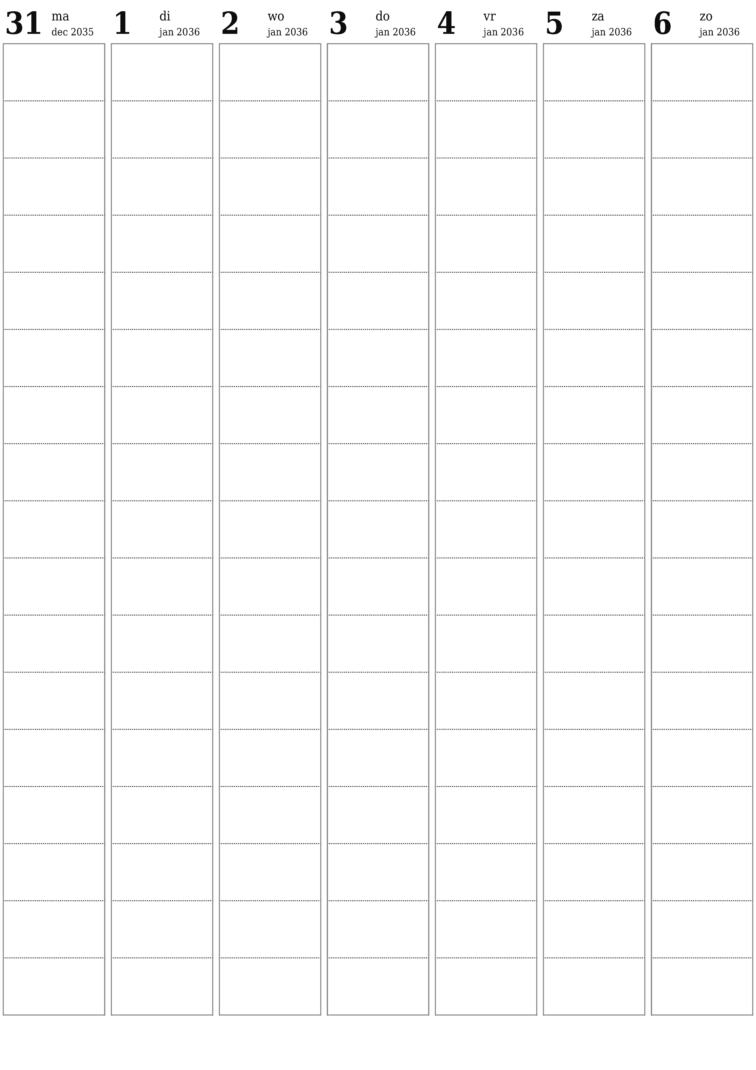 afdrukbare muur sjabloon gratis verticaal Wekelijks planner kalender januari (jan) 2036