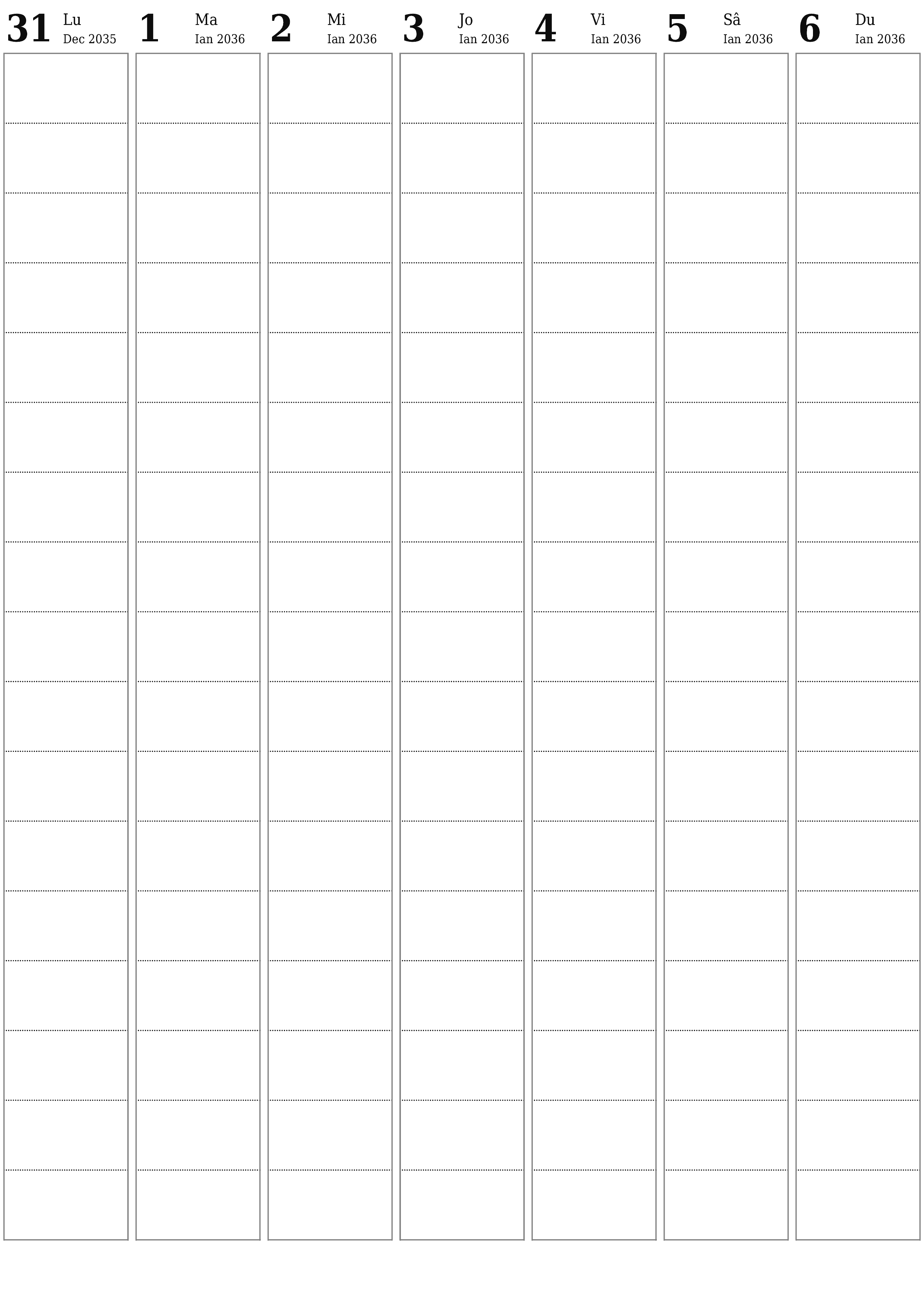  imprimabil de perete șablon de gratuitvertical Săptămânal planificator calendar Ianuarie (Ian) 2036