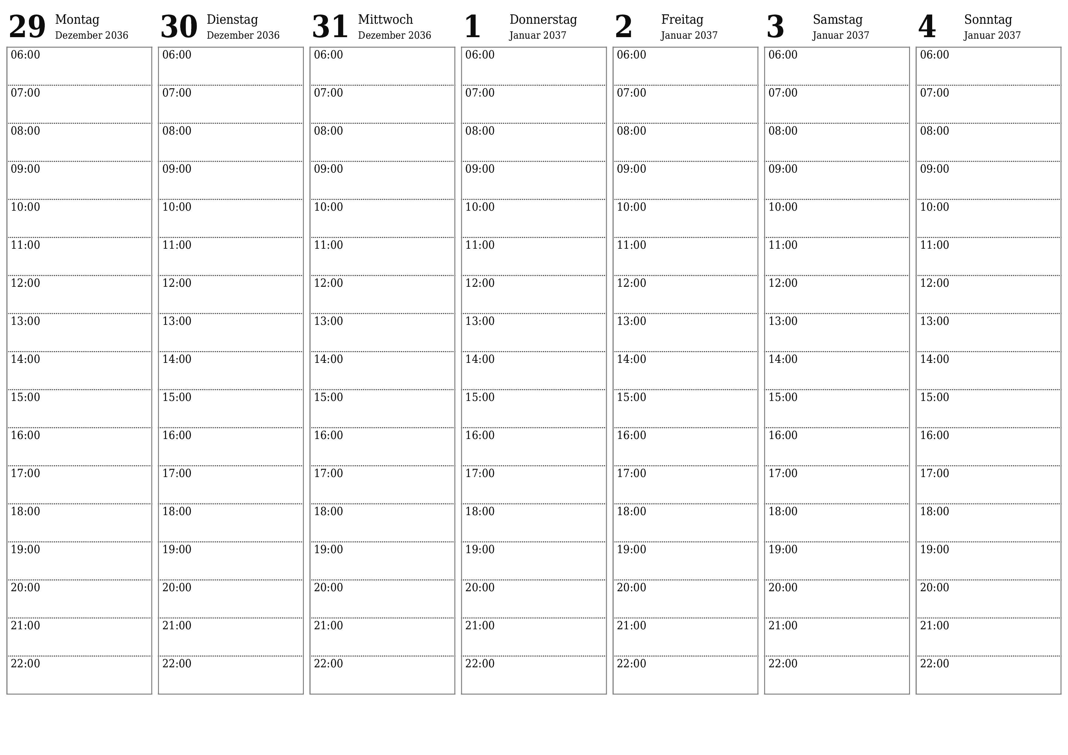 Wochenplaner für Wochen Januar 2037 mit Notizen leeren, speichern und als PDF drucken PNG German