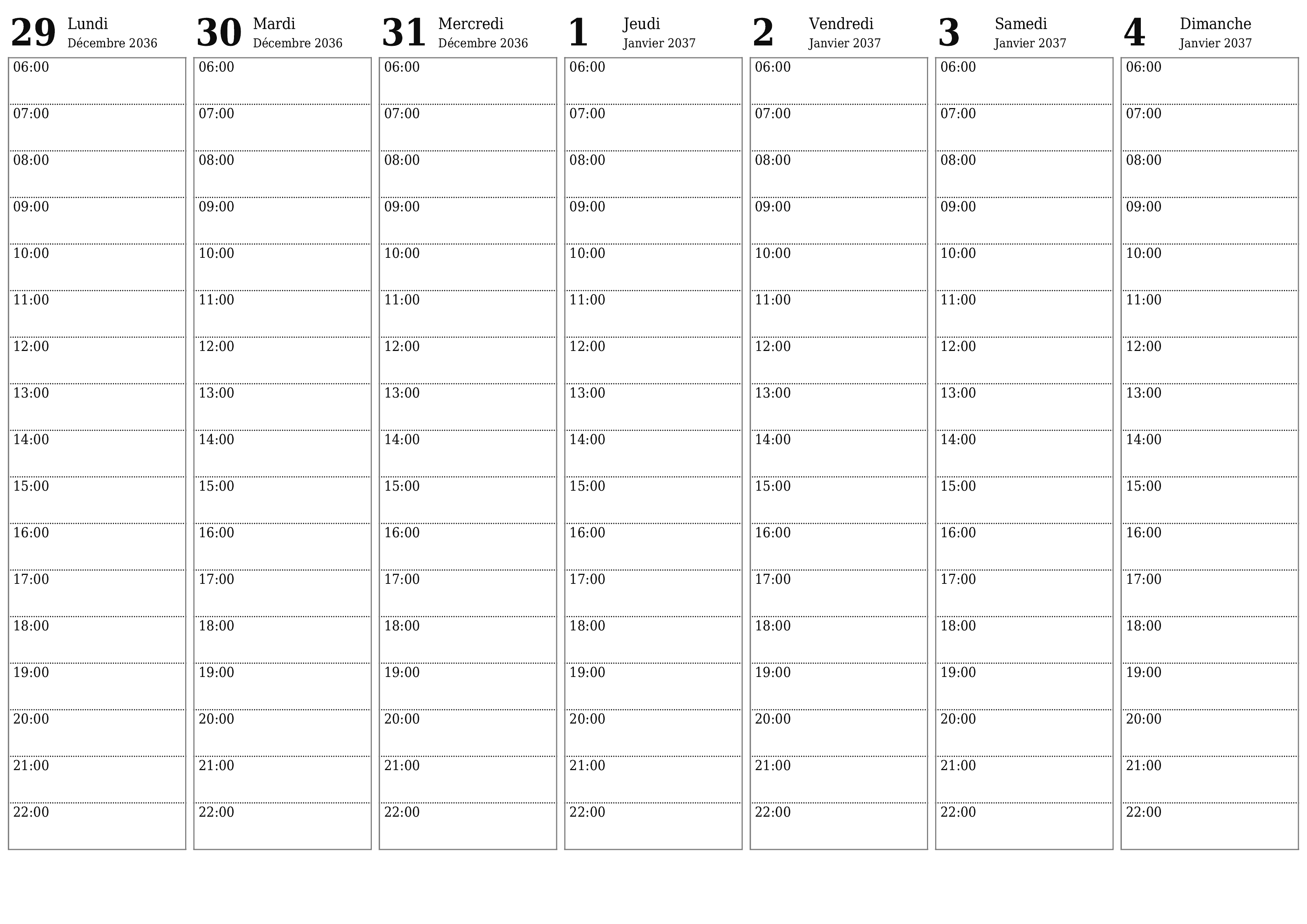 Agenda hebdomadaire vide pendant des semaines Janvier 2037 avec notes, enregistrez et imprimez au format PDF PNG French