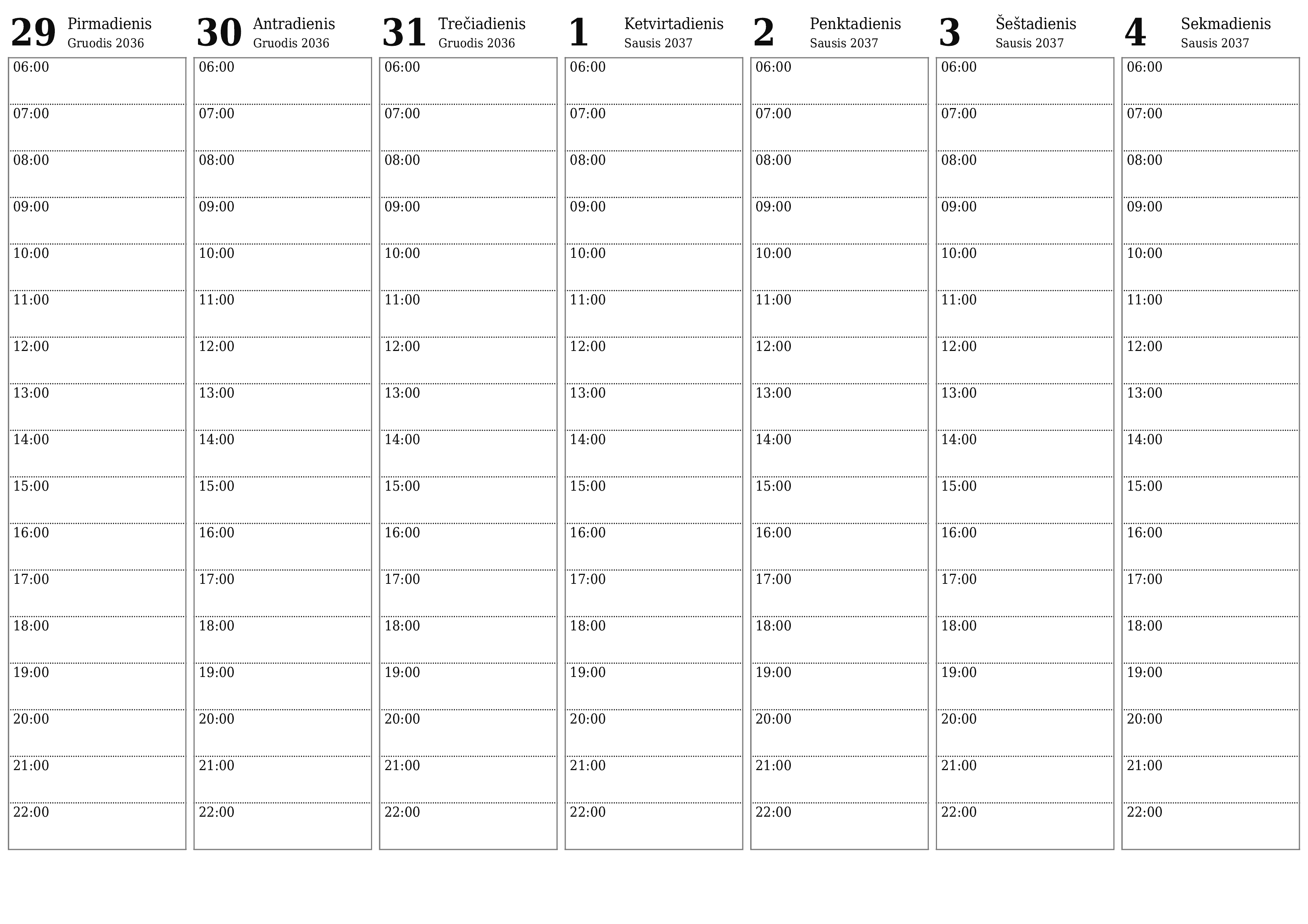Ištuštinti savaitės planavimo priemonę savaitėms Sausis 2037 su užrašais, išsaugoti ir atsispausdinti PDF formate PNG Lithuanian
