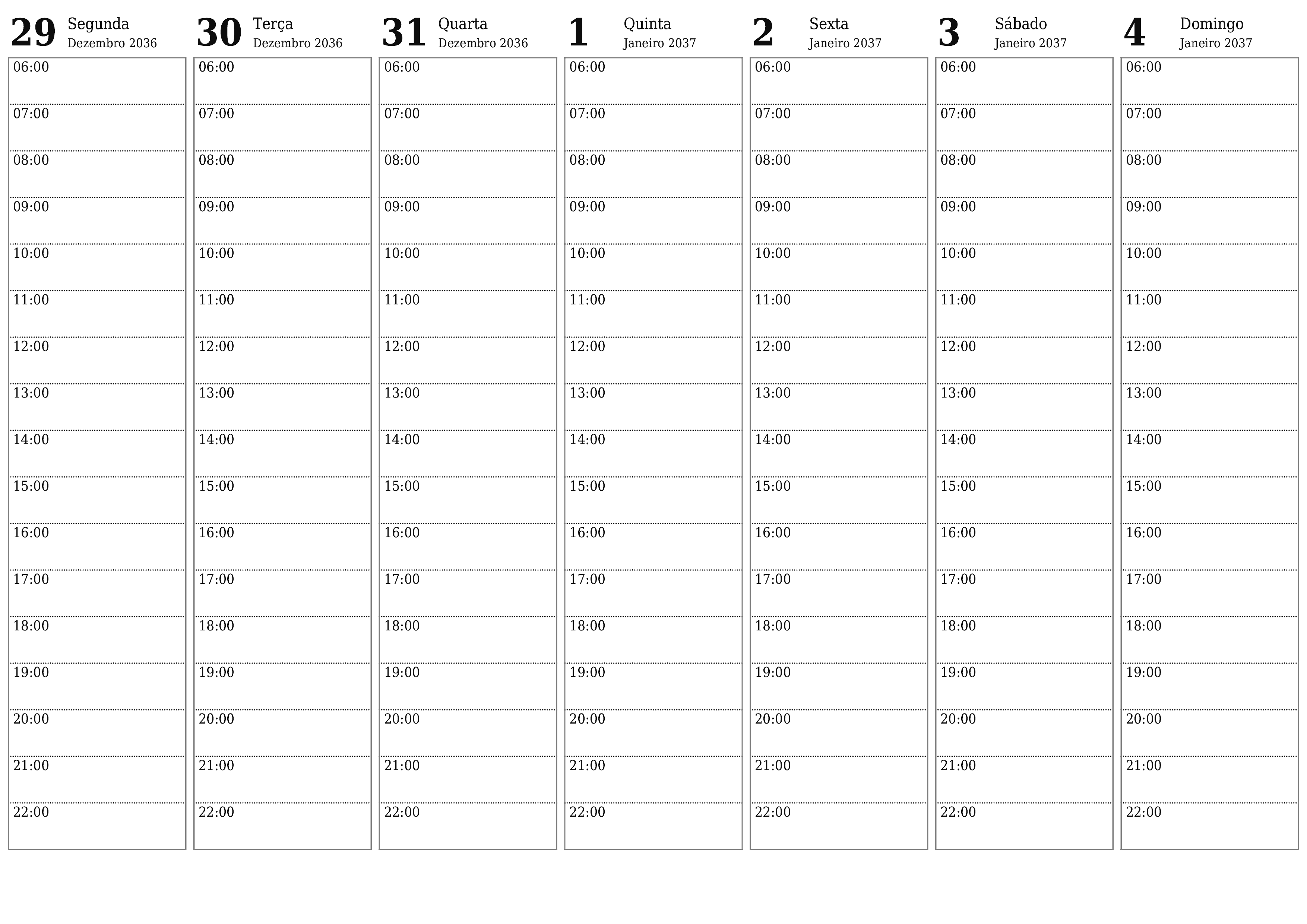 Esvazie o planejador semanal por semanas Janeiro 2037 com notas, salve e imprima em PDF PNG Portuguese