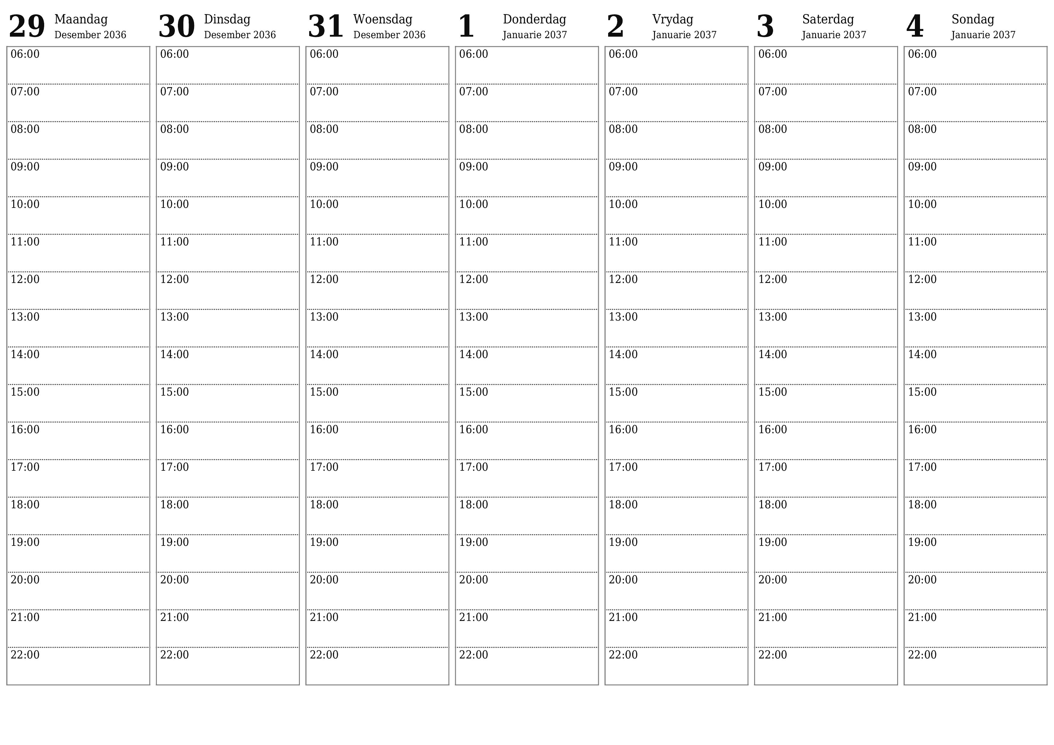Leë weeklikse drukbare kalender en beplanner vir week Januarie 2037 met notas, stoor en druk na PDF PNG Afrikaans
