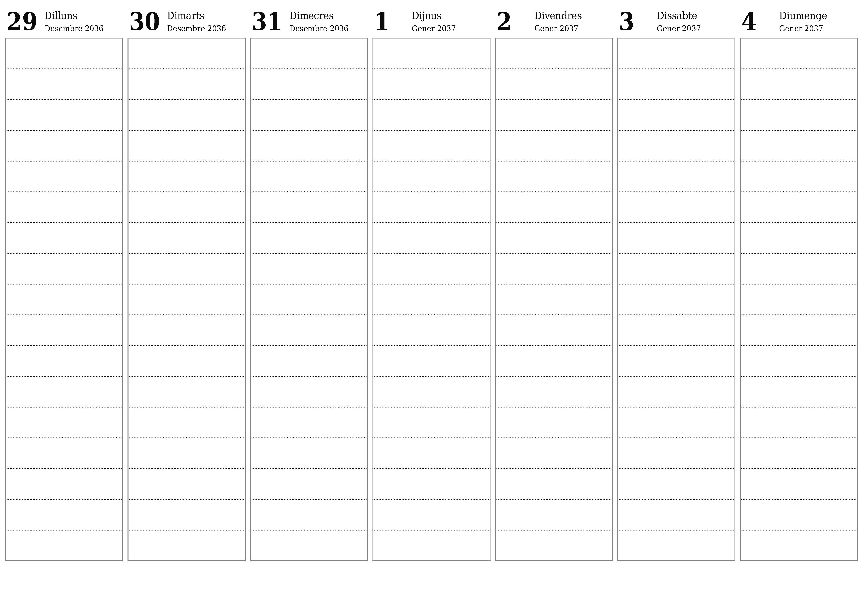 Planificador setmanal buit durant setmanes Gener 2037 amb notes, deseu-lo i imprimiu-lo en format PDF PNG Catalan