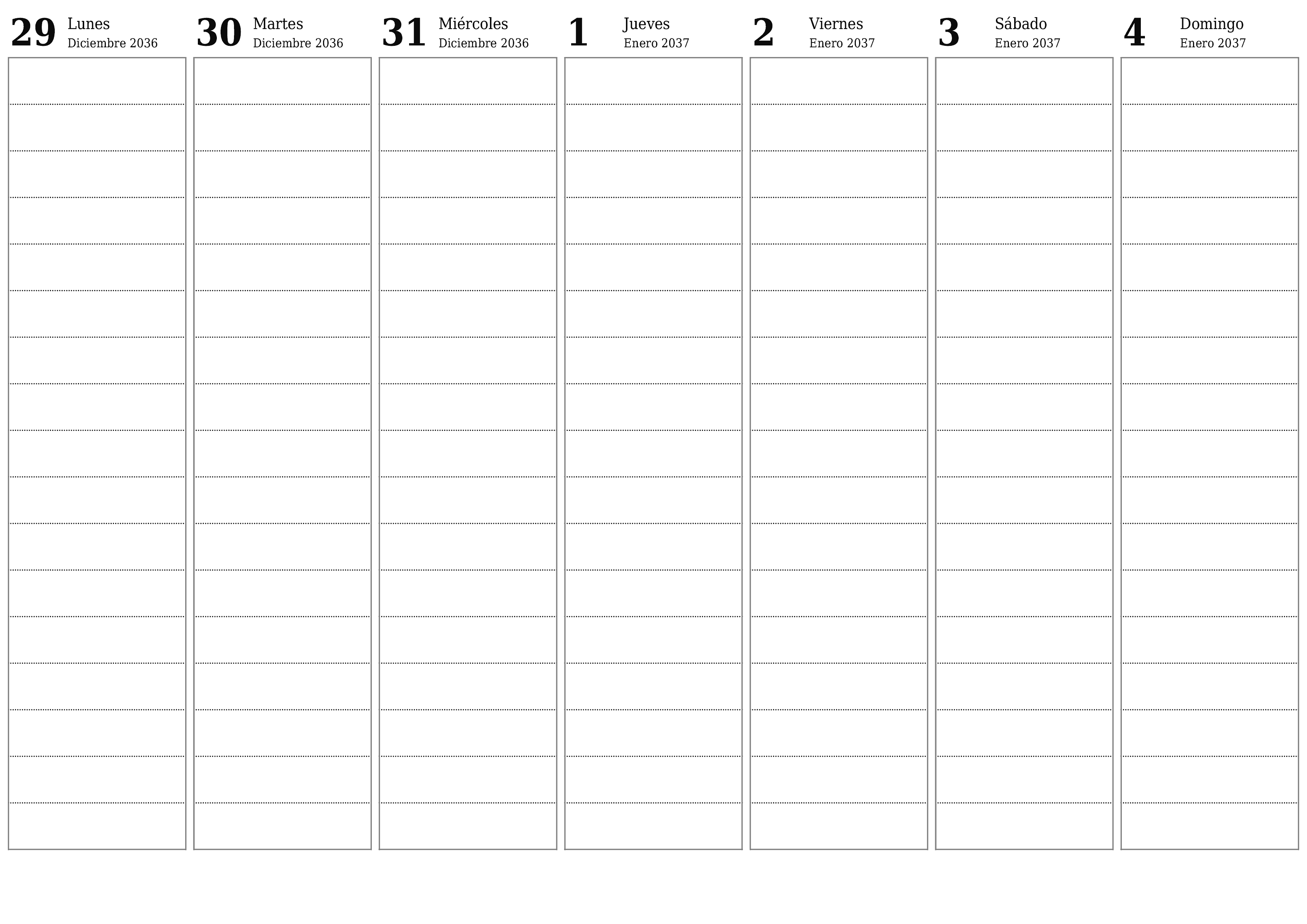 Planificador semanal vacío para semanas Enero 2037 con notas, guardar e imprimir en PDF PNG Spanish