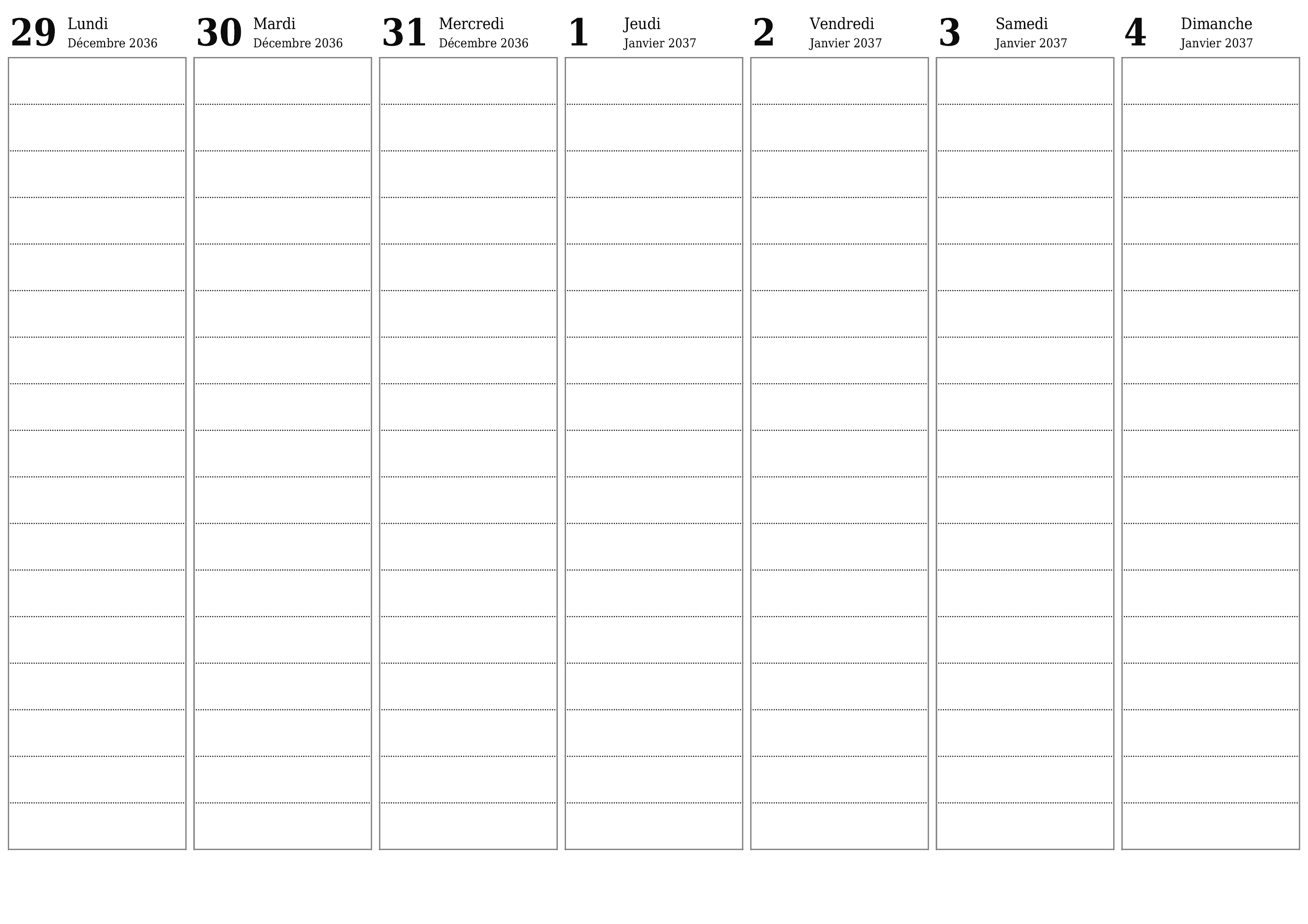Agenda hebdomadaire vide pendant des semaines Janvier 2037 avec notes, enregistrez et imprimez au format PDF PNG French
