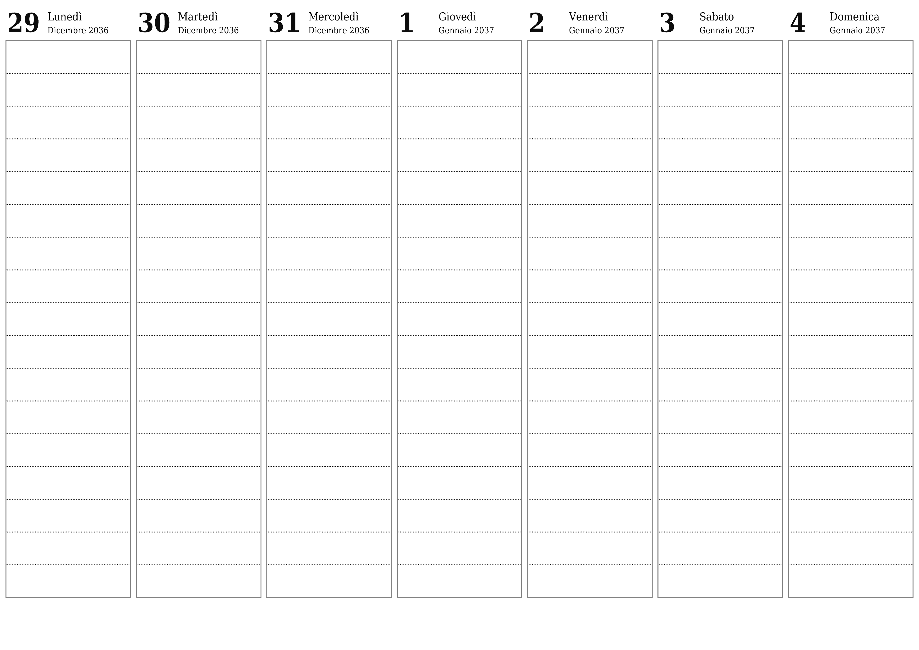 Agenda settimanale vuota per settimane Gennaio 2037 con note, salva e stampa in PDF PNG Italian