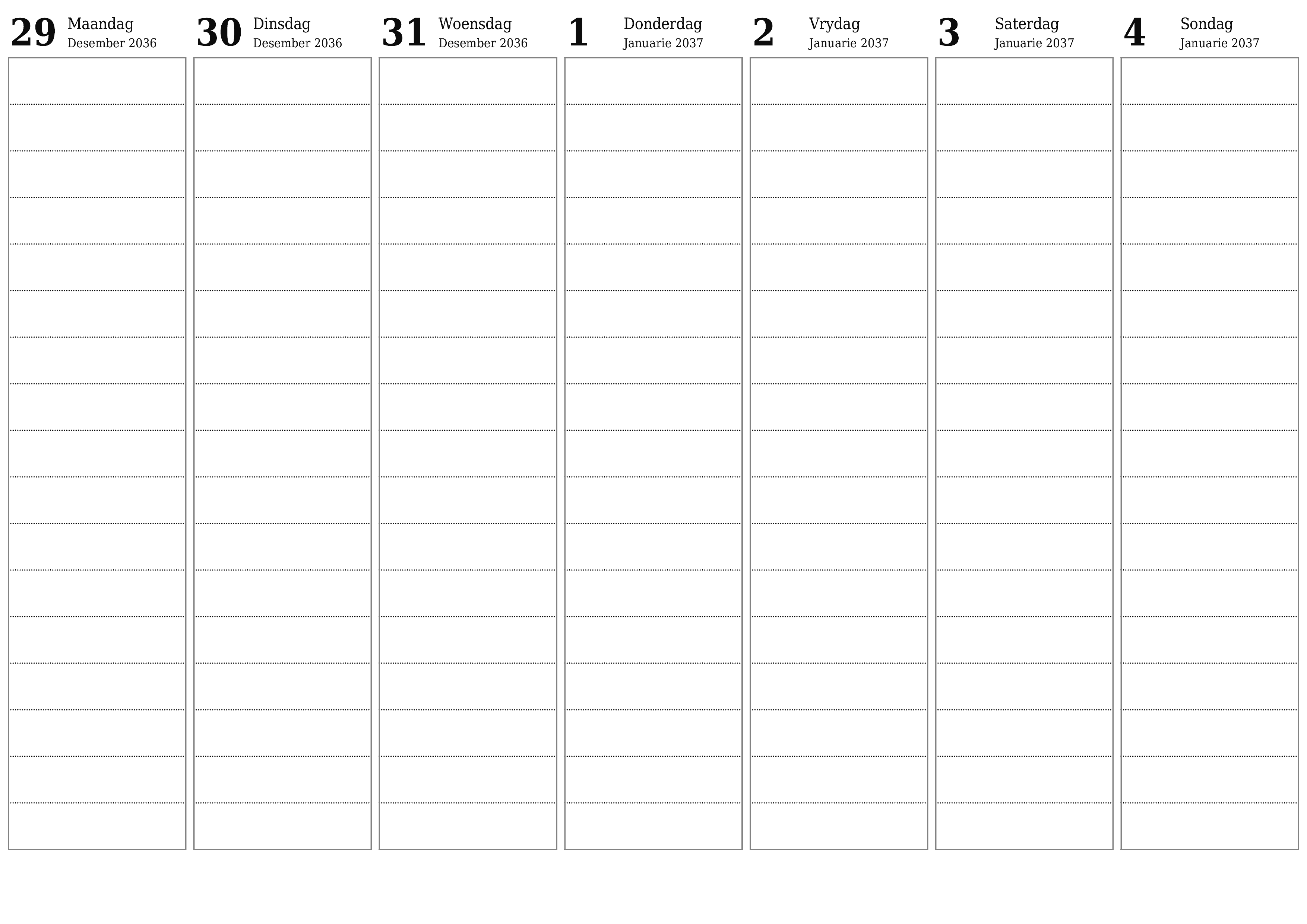 Leë weeklikse drukbare kalender en beplanner vir week Januarie 2037 met notas, stoor en druk na PDF PNG Afrikaans