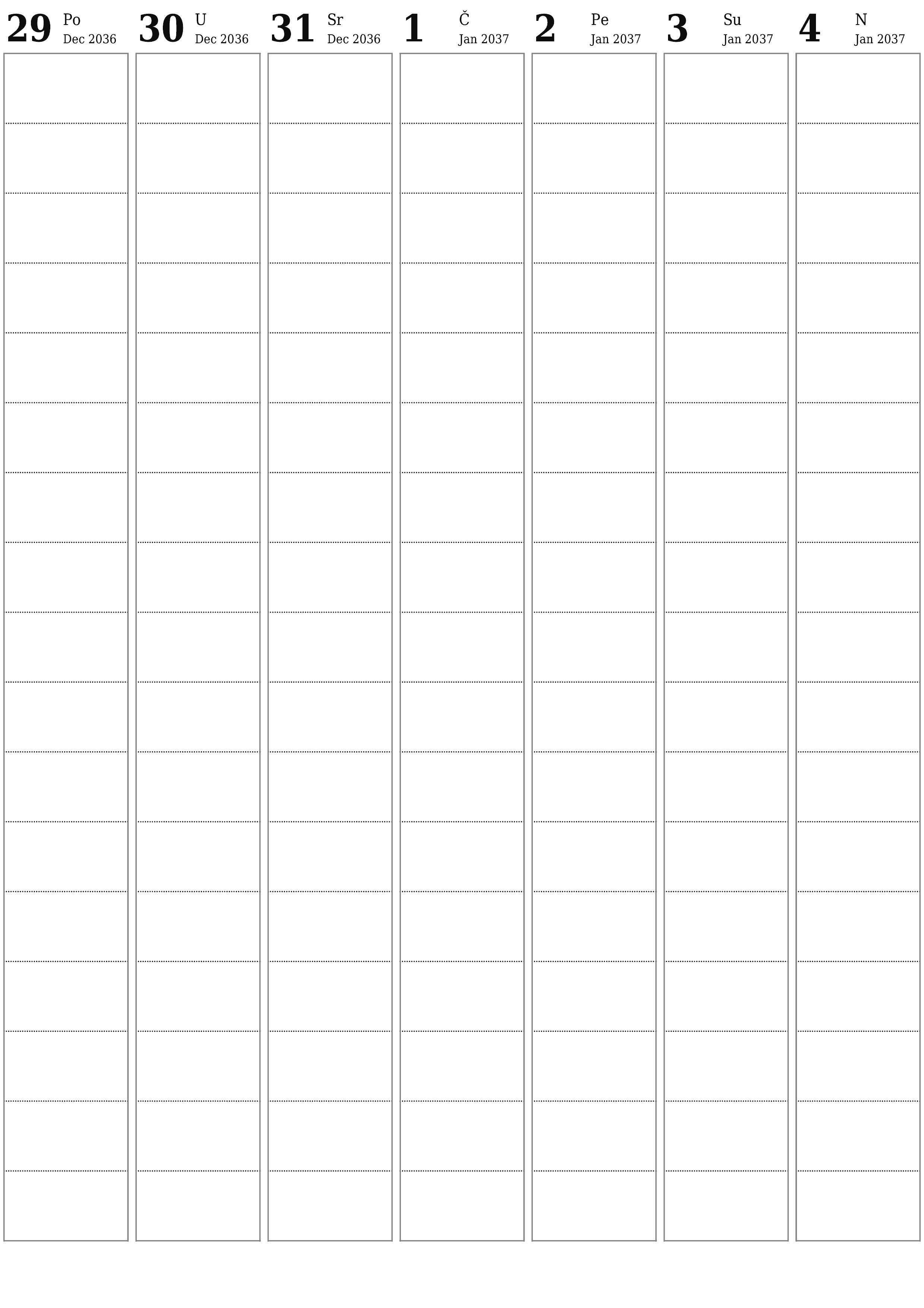 Ispraznite sedmični planer za sedmice Januar 2037 s bilješkama, spremite i ispišite u PDF PNG Bosnian