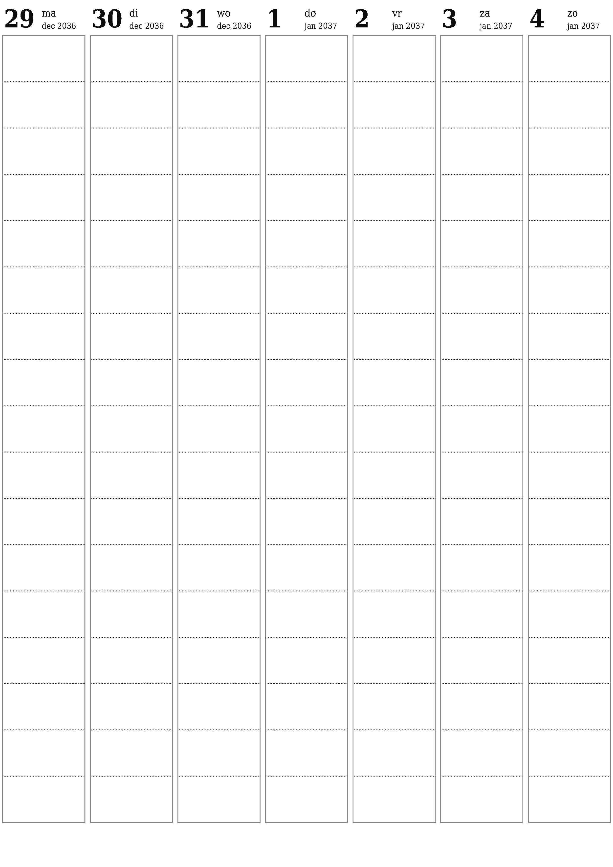 afdrukbare muur sjabloon gratis verticaal Wekelijks planner kalender januari (jan) 2037