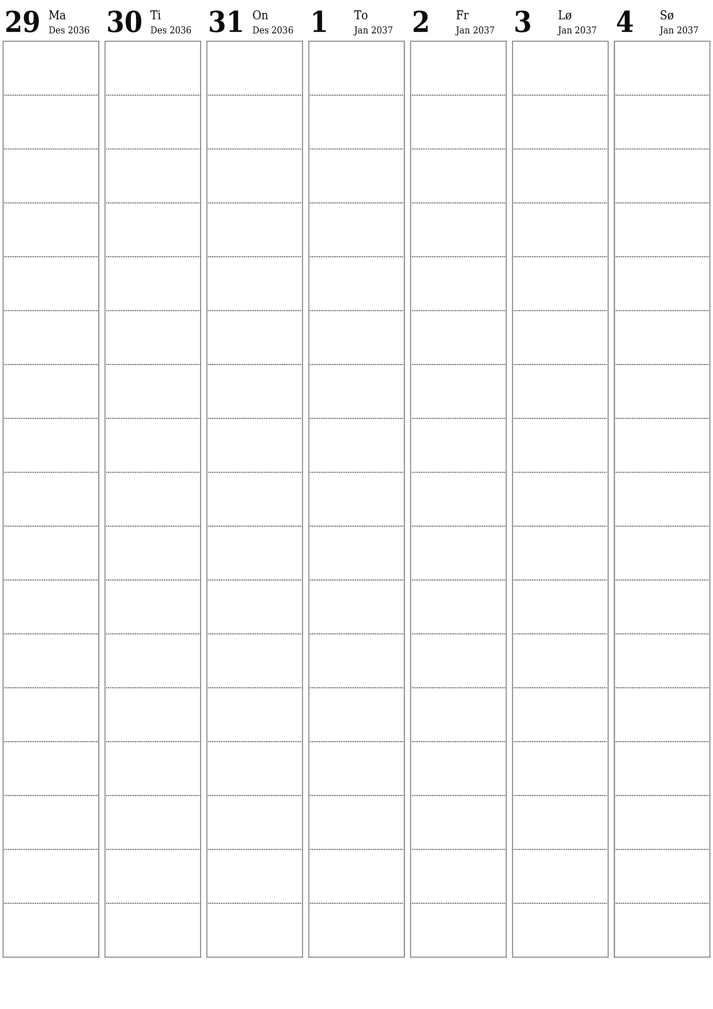 utskrivbar vegg mal gratis vertikal Ukentlig planlegger kalender Januar (Jan) 2037