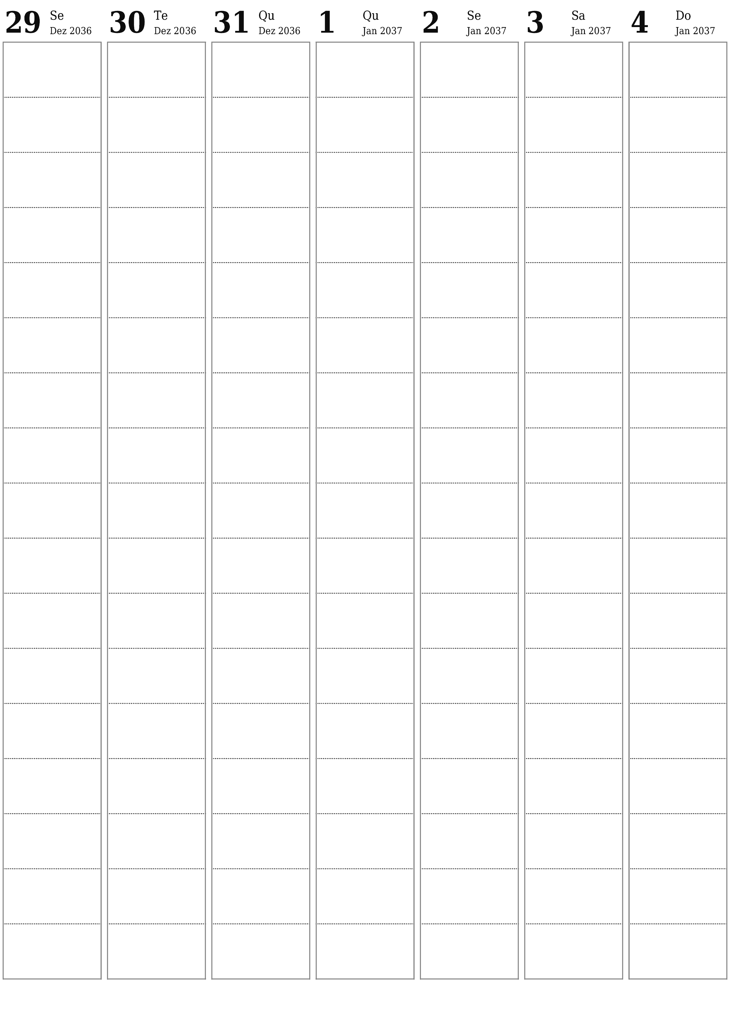  para impressão de parede modelo de grátisvertical Semanal planejador calendário Janeiro (Jan) 2037
