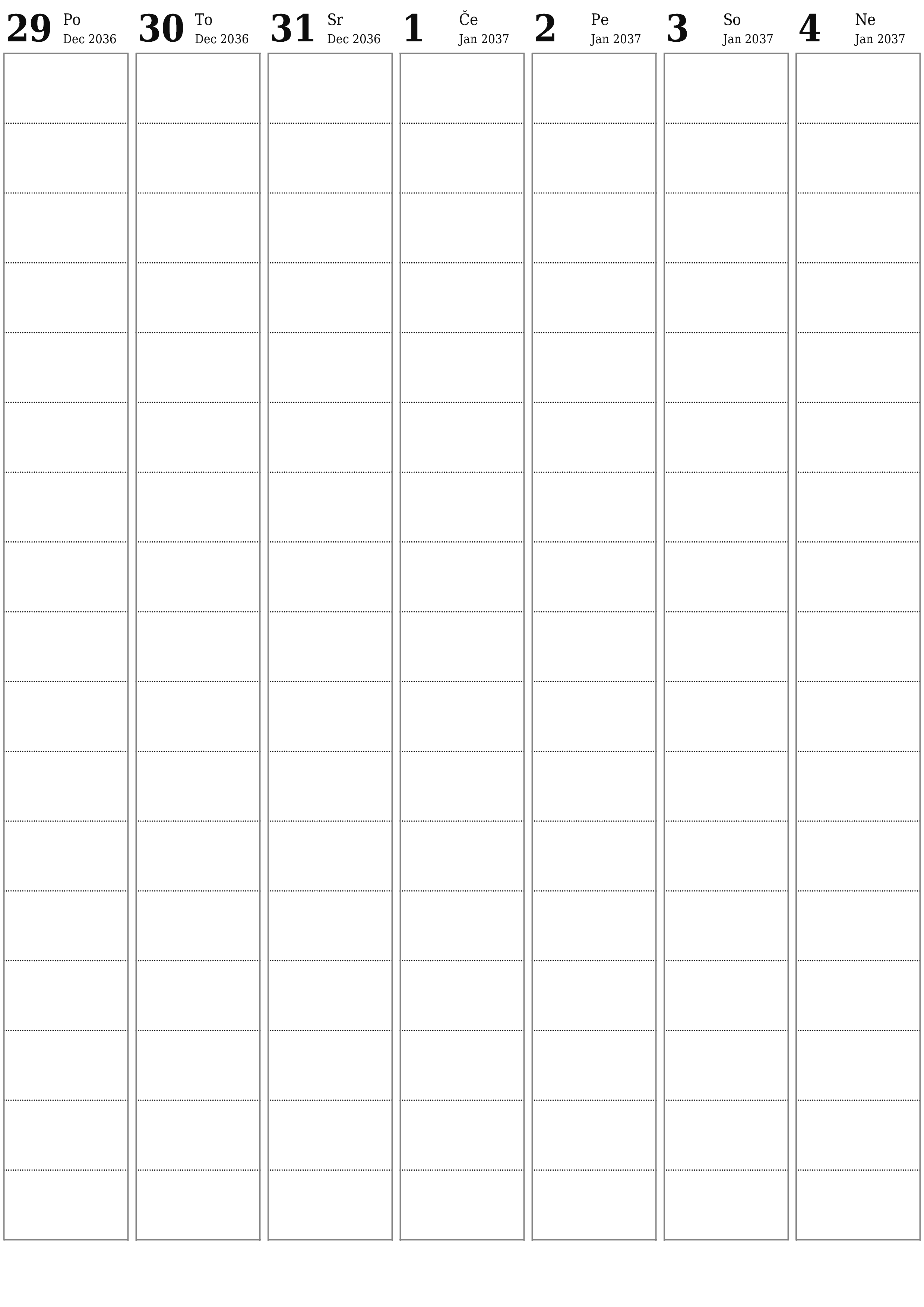 Prazen tedenski koledarski načrtovalec za tedne Januar 2037 z opombami za tiskanje v PDF PNG Slovenian