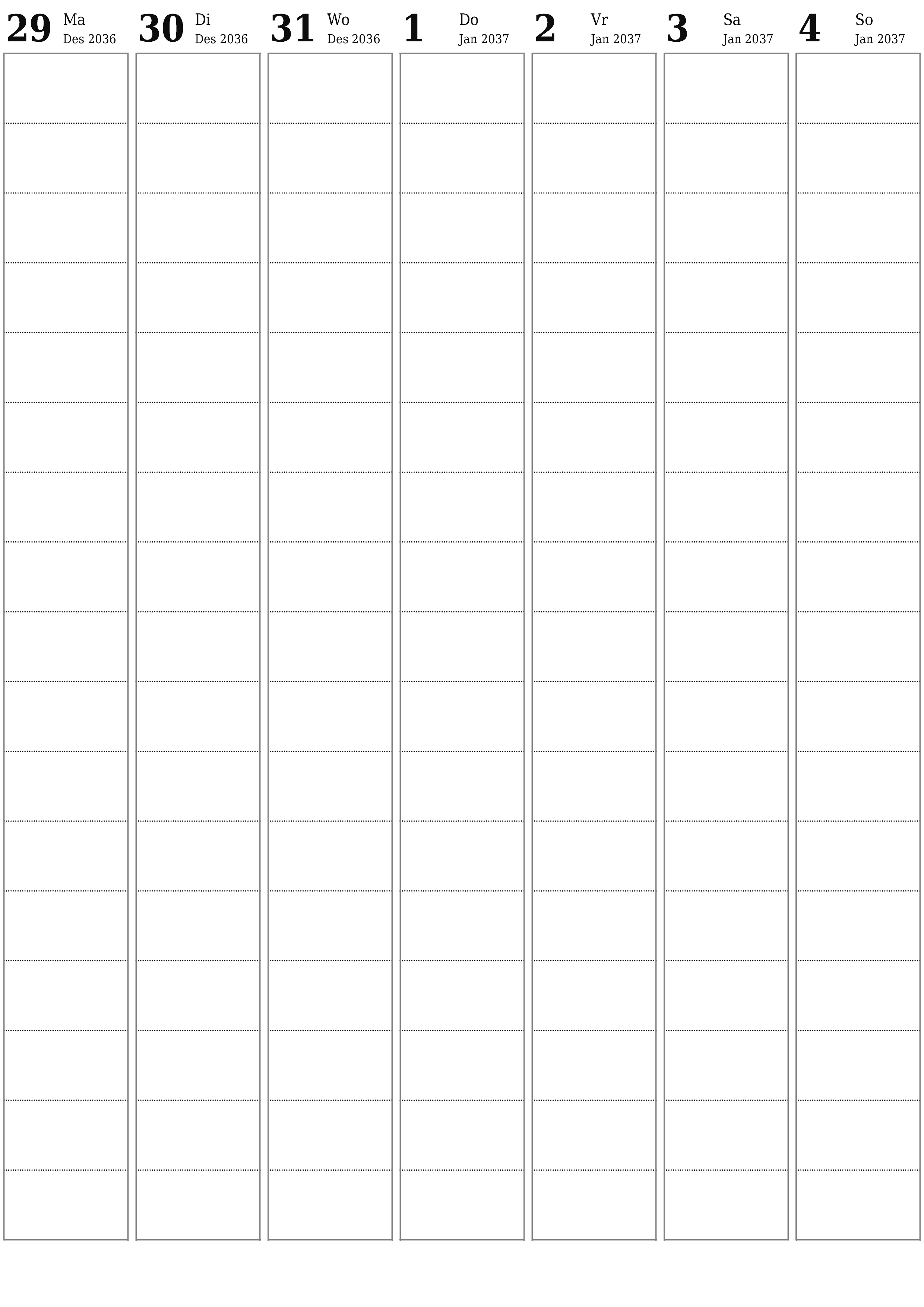 Leë weeklikse drukbare kalender en beplanner vir week Januarie 2037 met notas, stoor en druk na PDF PNG Afrikaans