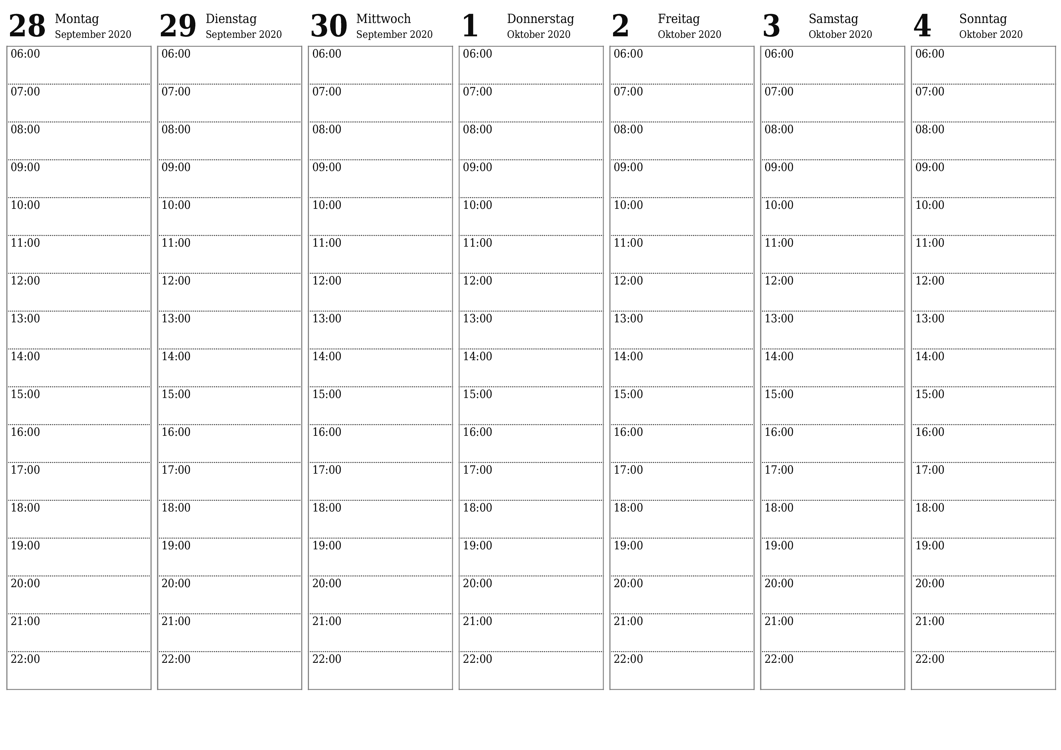 Wochenplaner für Wochen Oktober 2020 mit Notizen leeren, speichern und als PDF drucken PNG German