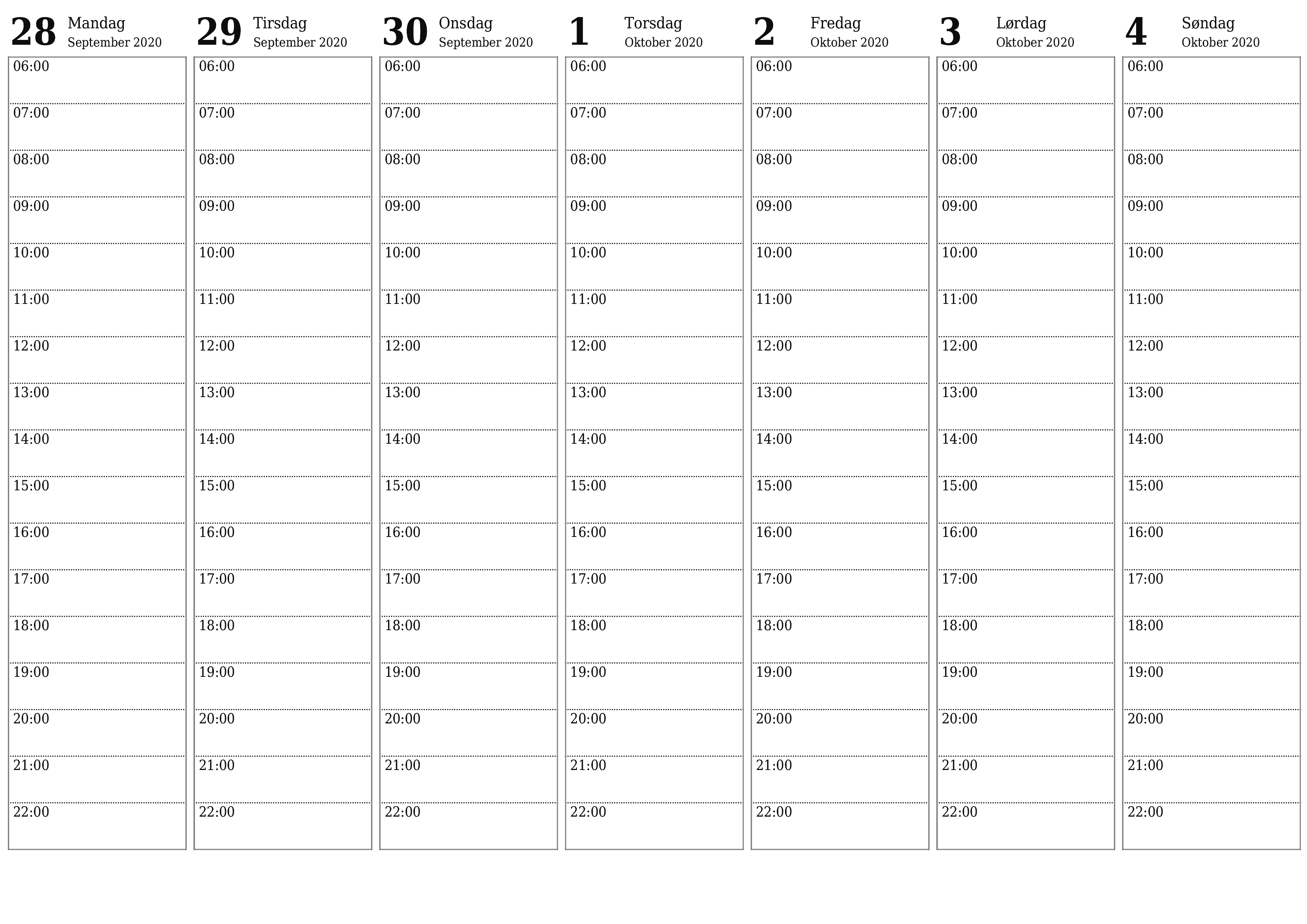 Tom ugentlig planlægger i uger Oktober 2020 med noter, gem og udskriv til PDF PNG Danish