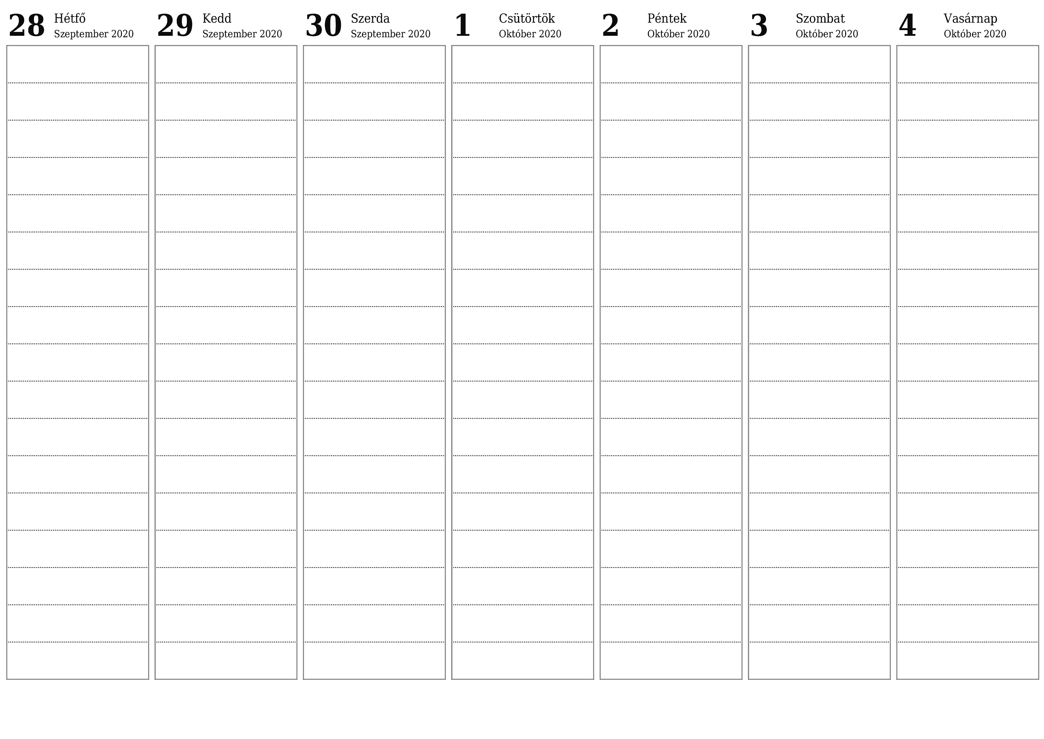 nyomtatható fali sablon ingyenes vízszintes Heti tervező naptár Október (Okt) 2020