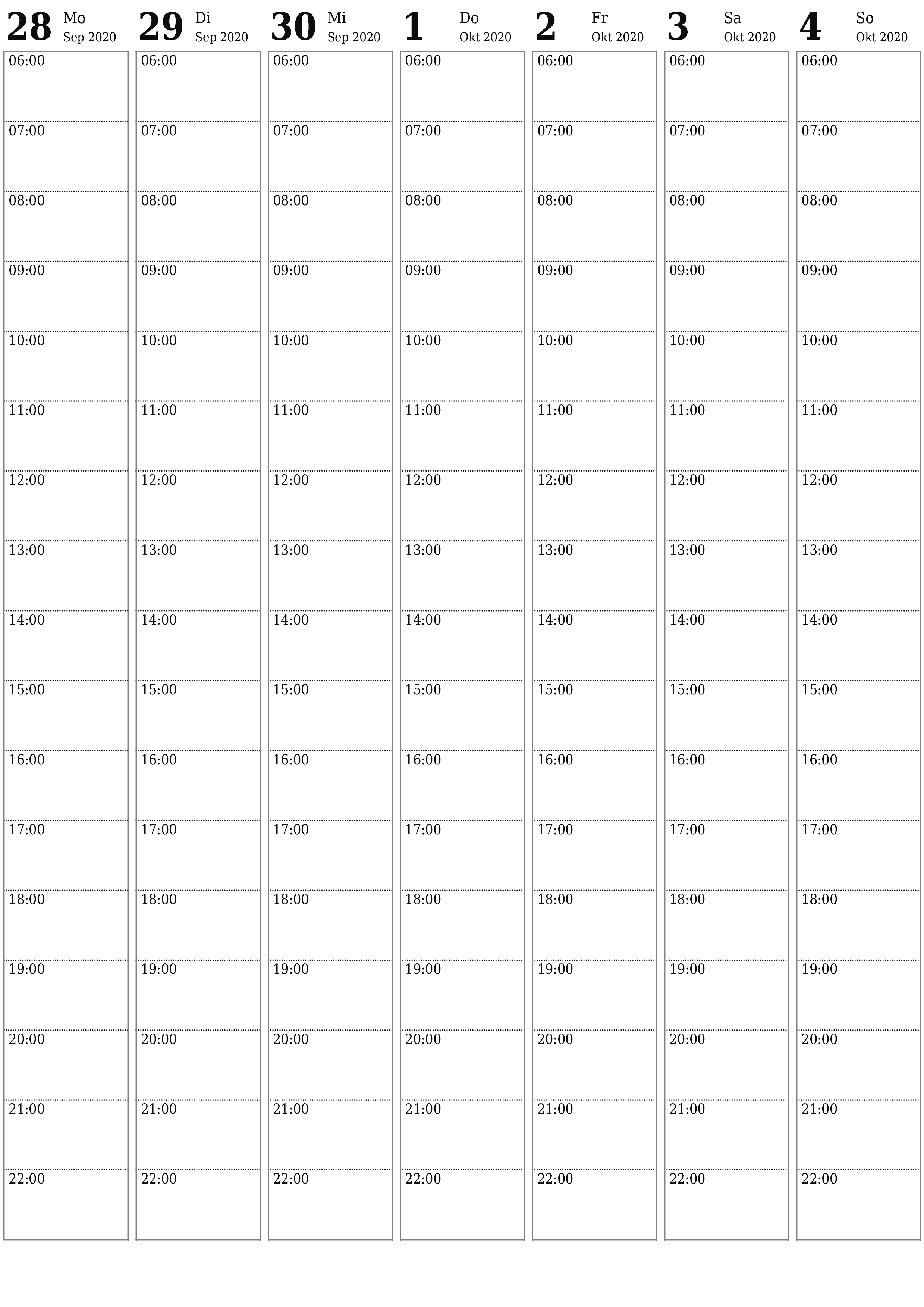 Wochenplaner für Wochen Oktober 2020 mit Notizen leeren, speichern und als PDF drucken PNG German