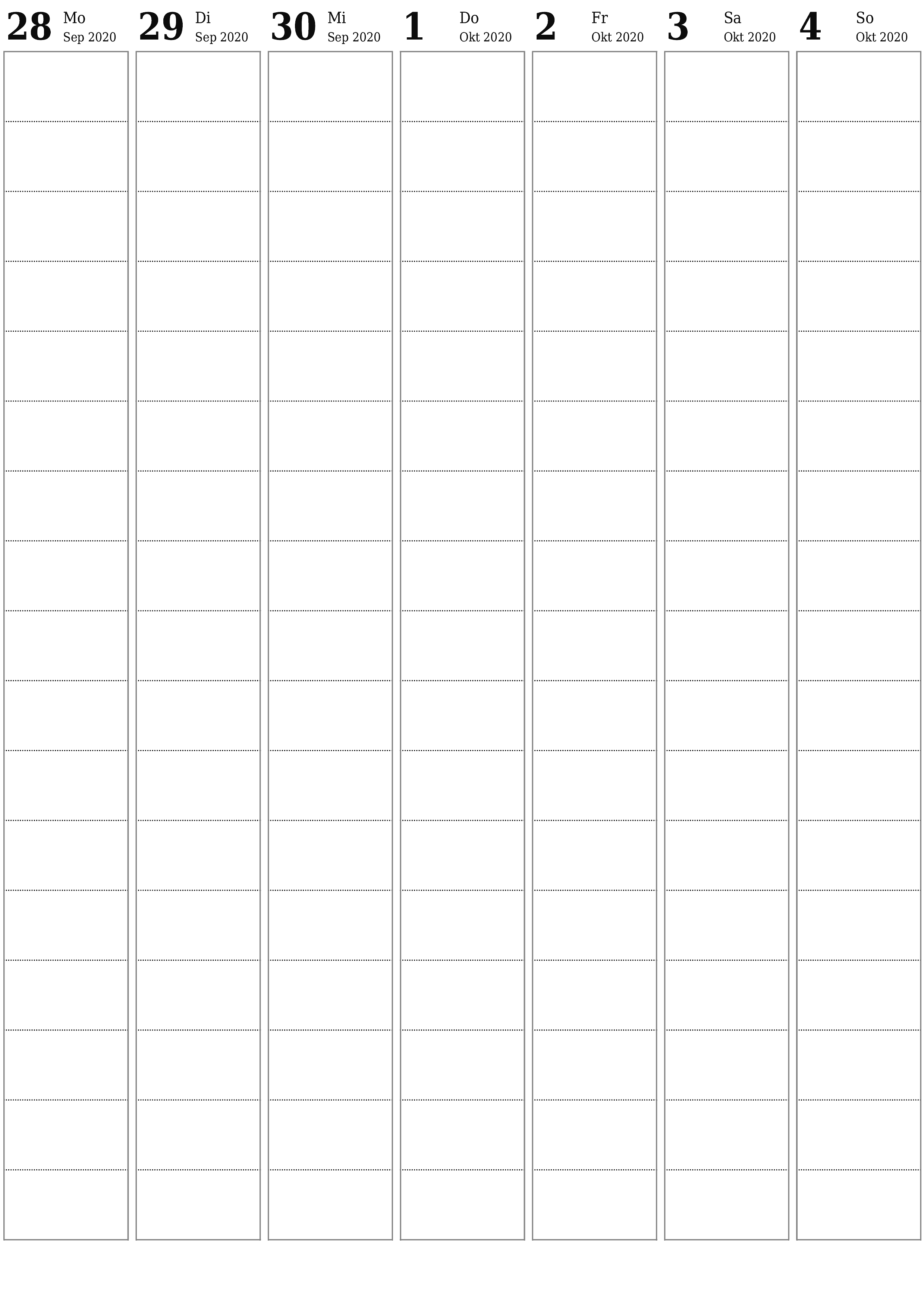 Wochenplaner für Wochen Oktober 2020 mit Notizen leeren, speichern und als PDF drucken PNG German