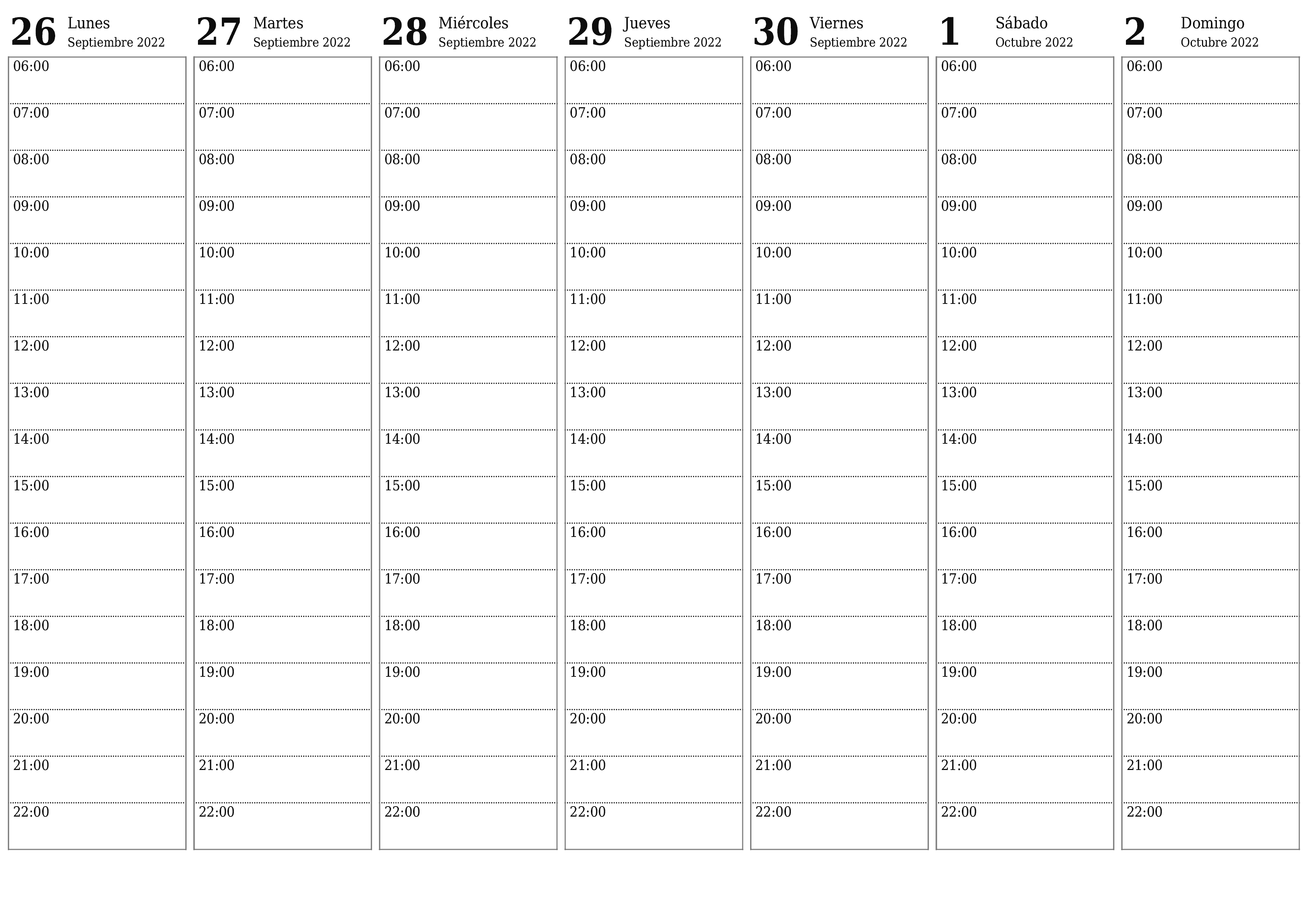 Planificador semanal vacío para semanas Octubre 2022 con notas, guardar e imprimir en PDF PNG Spanish - 7calendar.com