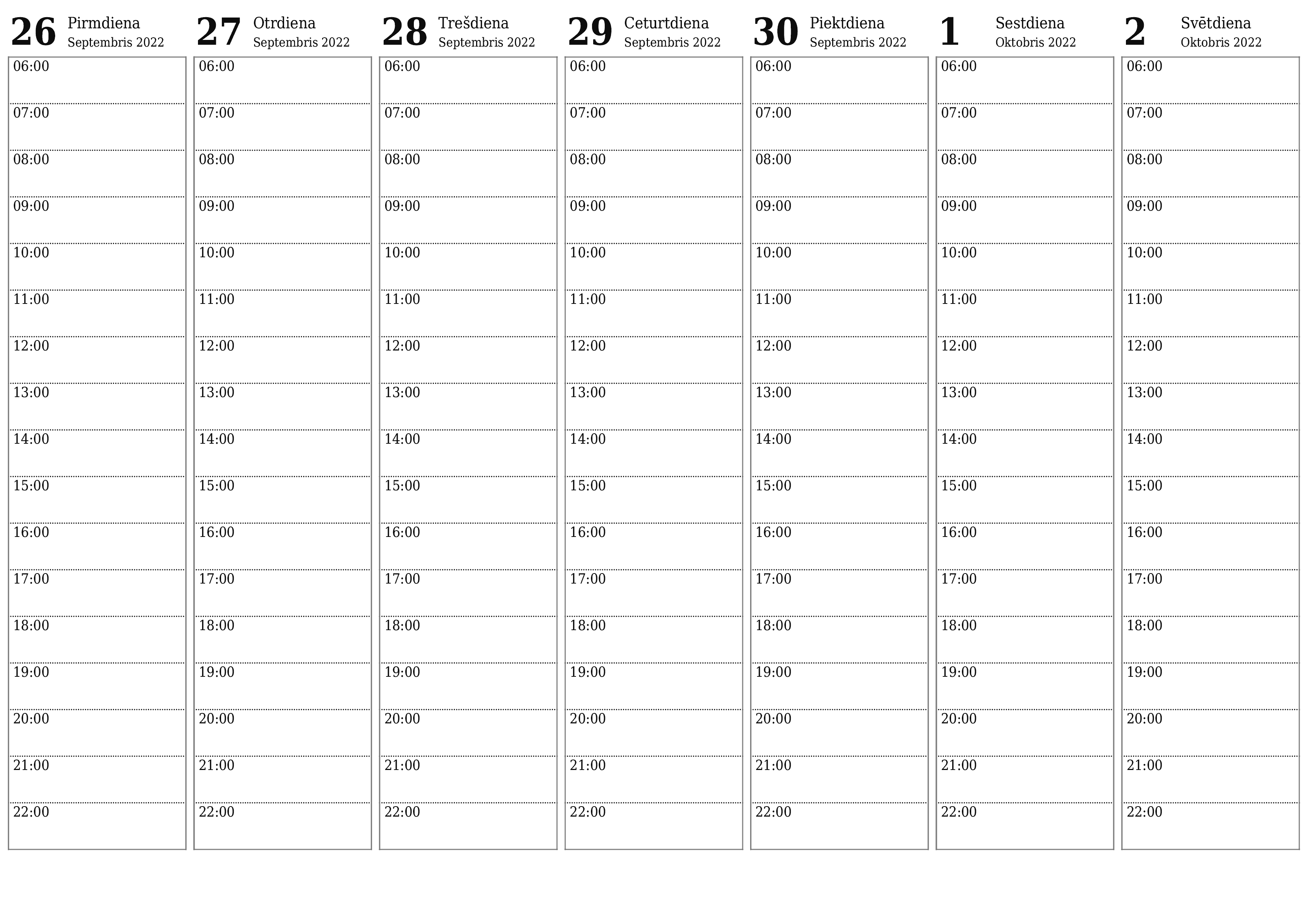 Tukšs nedēļas kalendārs nedēļai Oktobris 2022 saglabāt un izdrukāt PDF formātā PNG Latvian - 7calendar.com