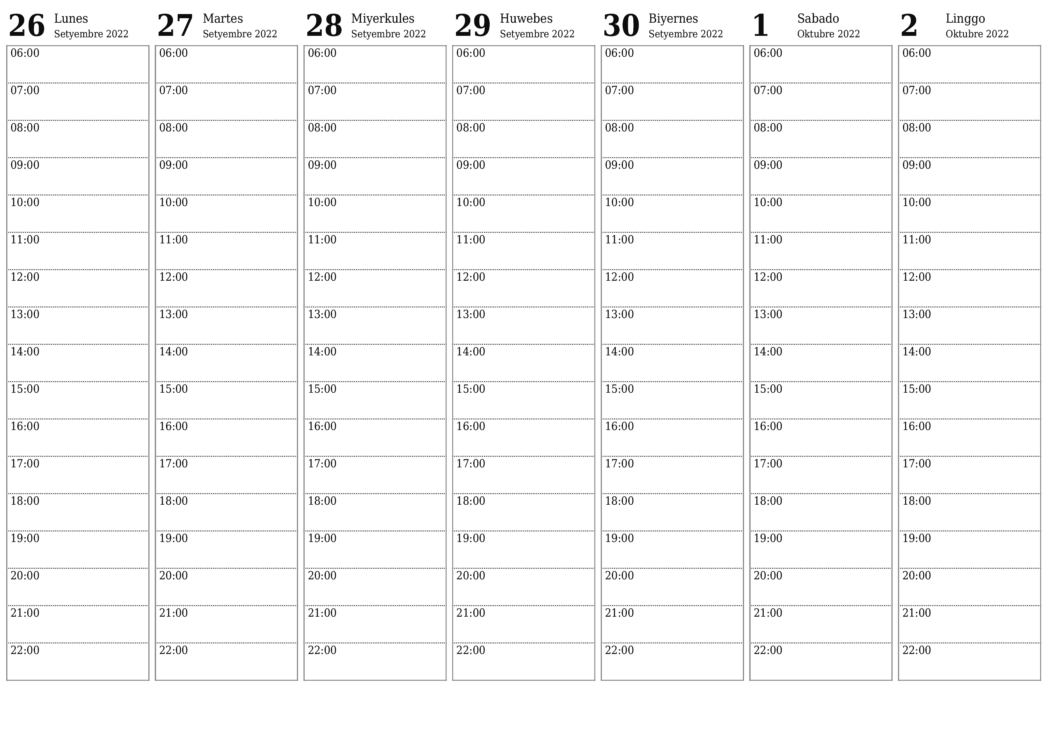 napi-print na sa dingding template ng libreng pahalang Lingguhan tagaplano kalendaryo Oktubre (Okt) 2022