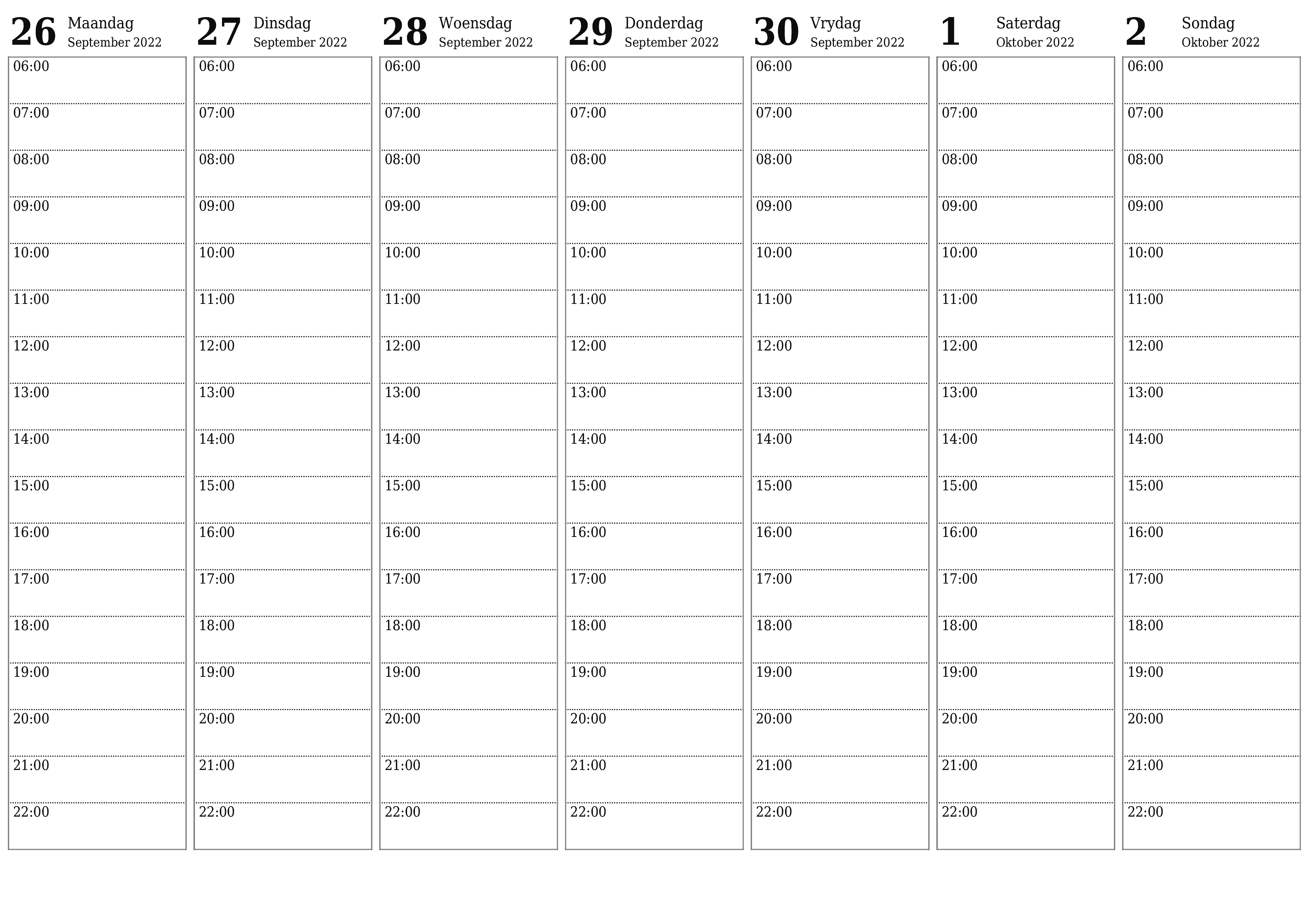 Leë weeklikse drukbare kalender en beplanner vir week Oktober 2022 met notas, stoor en druk na PDF PNG Afrikaans - 7calendar.com