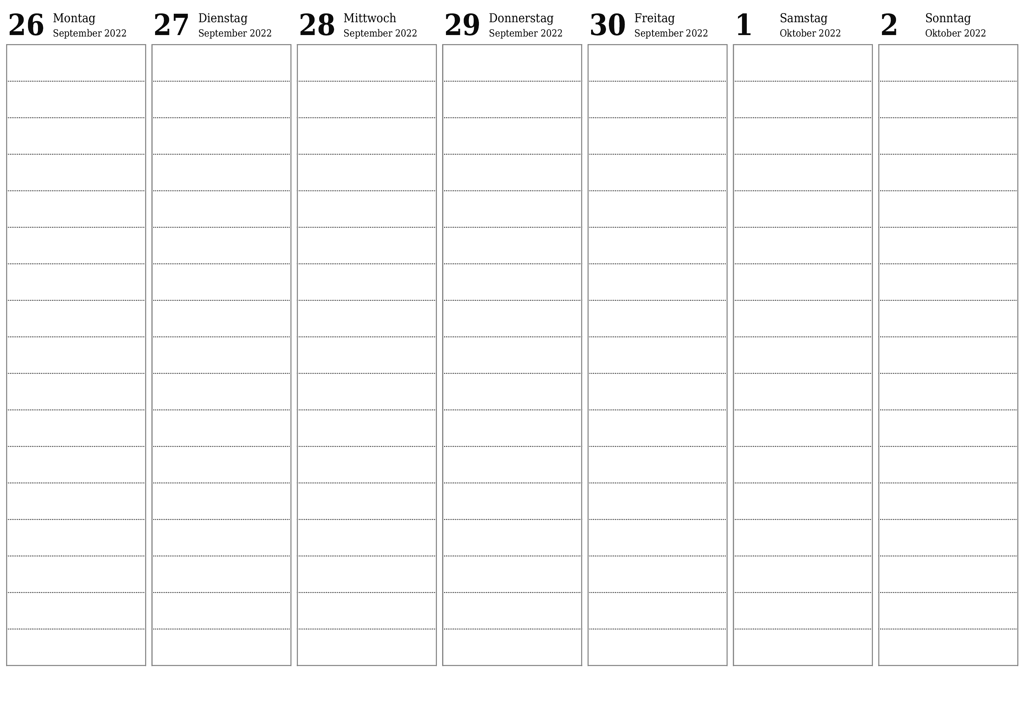 Wochenplaner für Wochen Oktober 2022 mit Notizen leeren, speichern und als PDF drucken PNG German