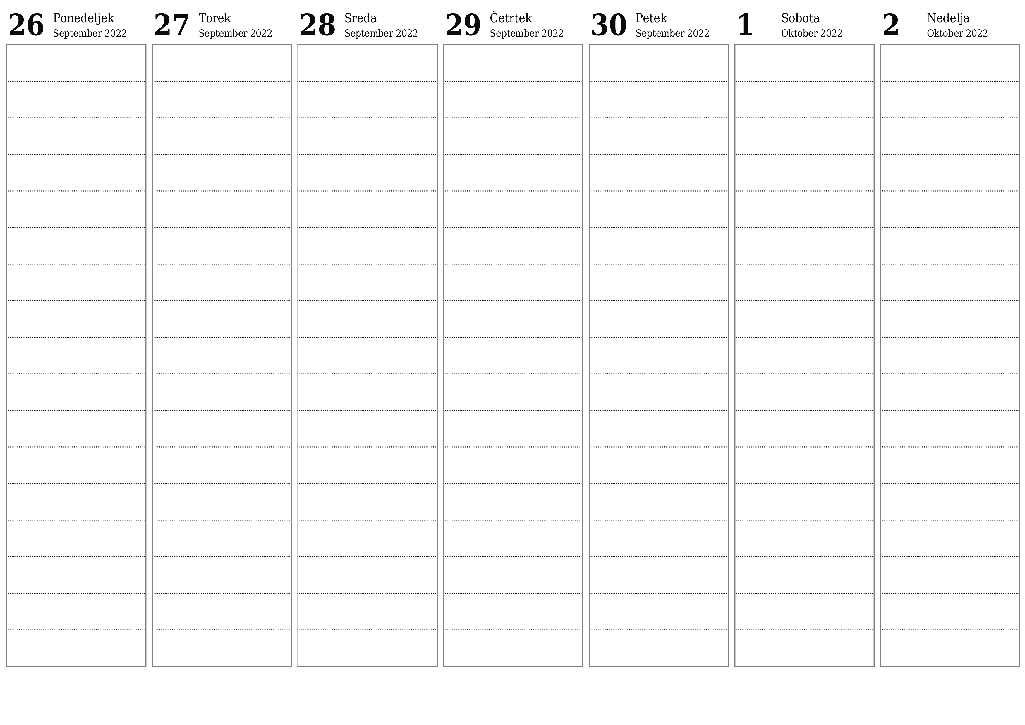 Prazen tedenski koledarski načrtovalec za tedne Oktober 2022 z opombami za tiskanje v PDF PNG Slovenian