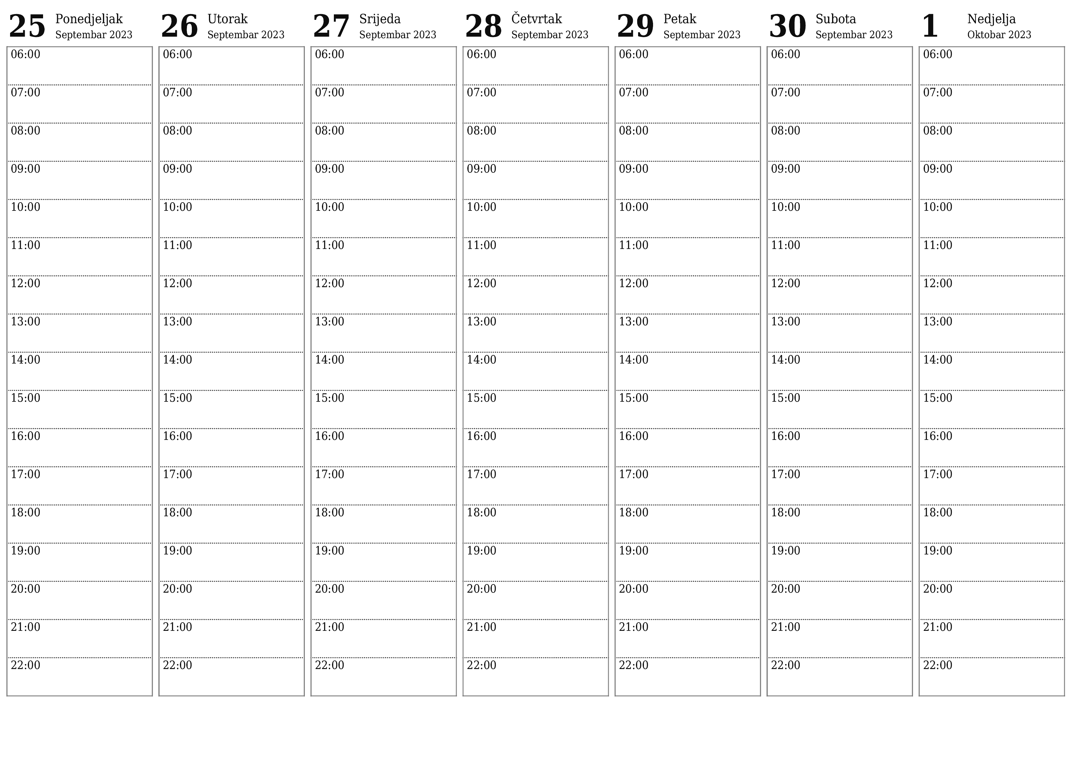 Prazan sedmični kalendar za sedmicu Oktobar 2023 spremite i ispišite u PDF PNG Bosnian - 7calendar.com