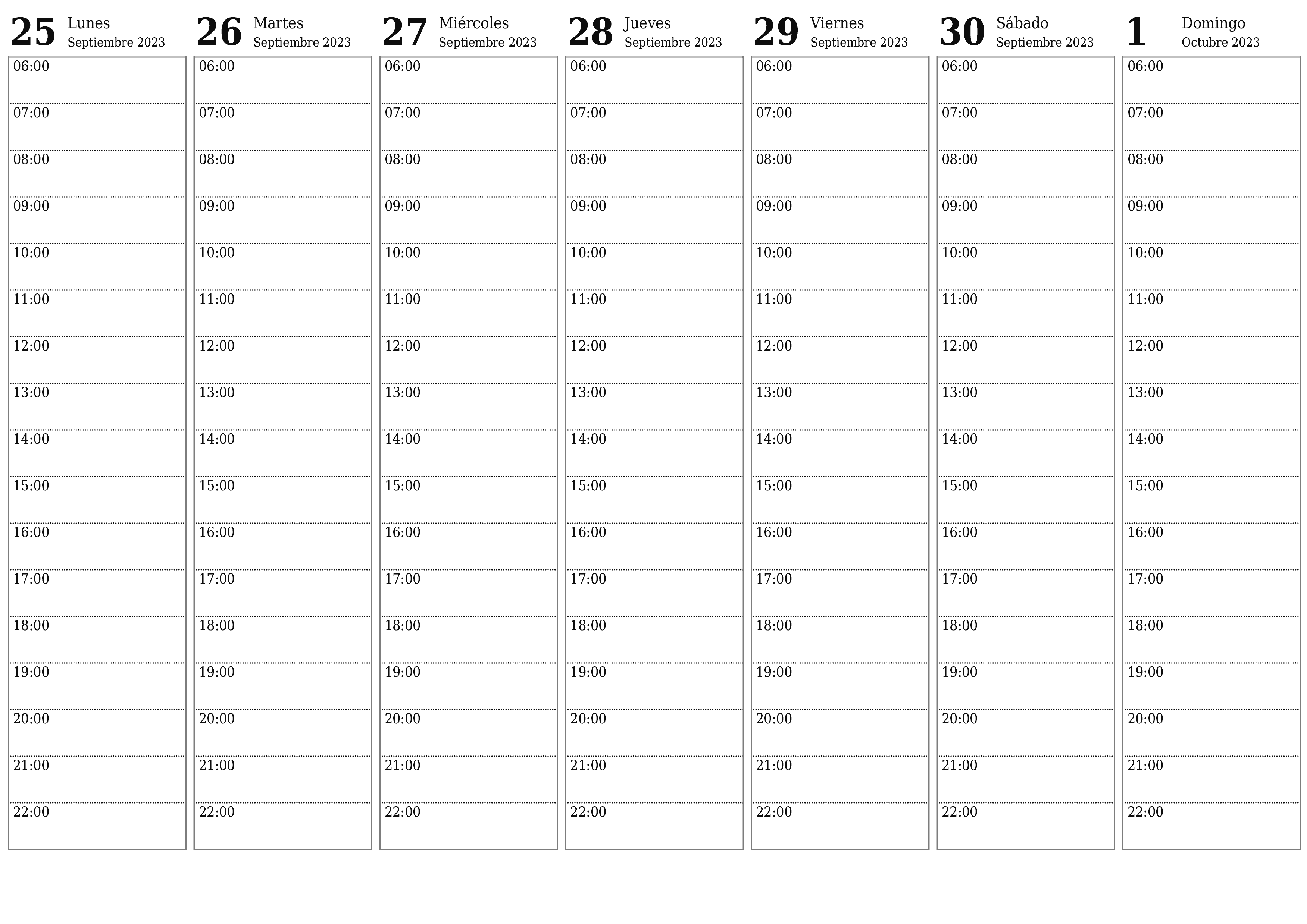 Calendario semanal en blanco para la semana Octubre 2023 guardar e imprimir en PDF PNG Spanish - 7calendar.com