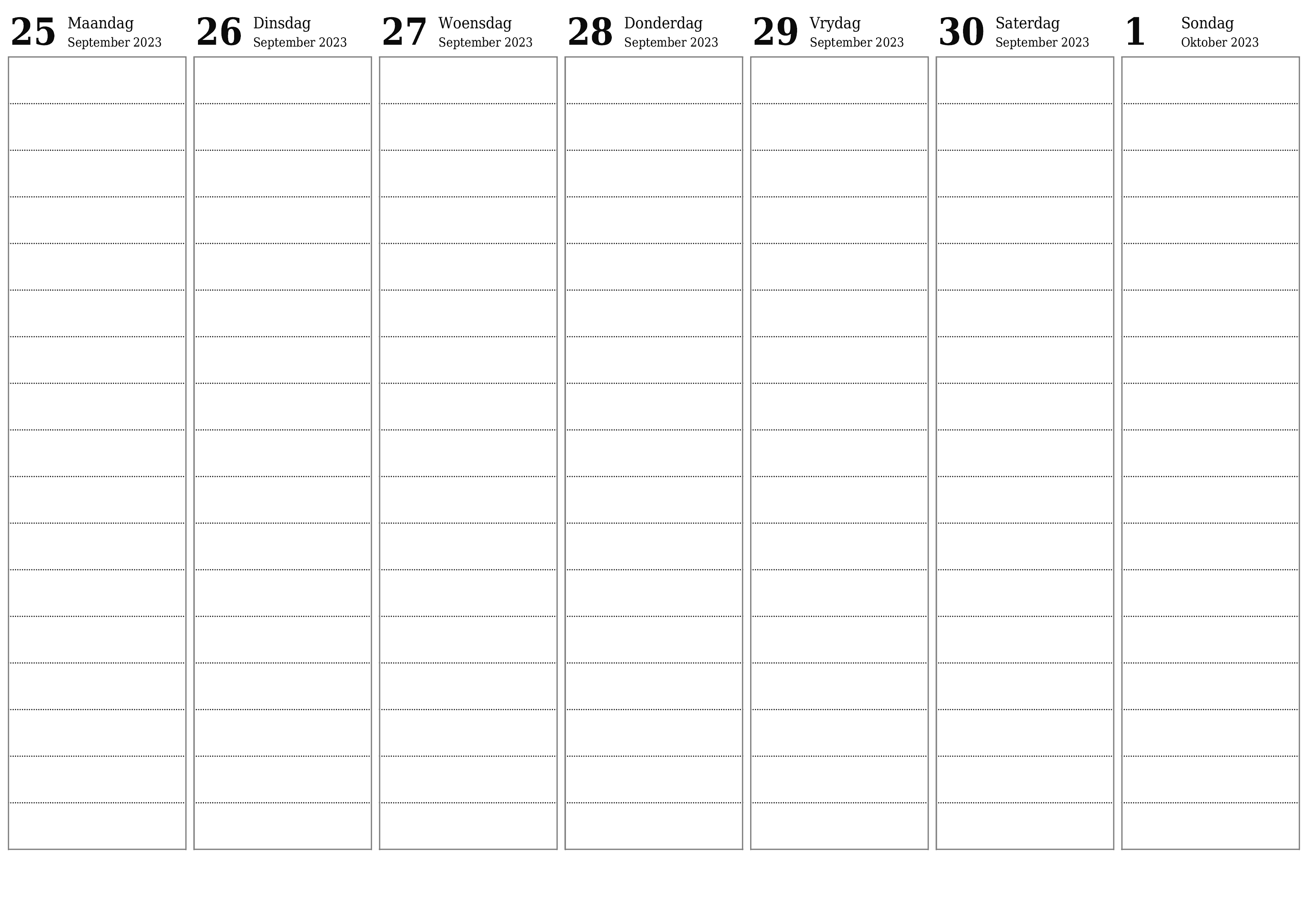 Leë weeklikse drukbare kalender en beplanner vir week Oktober 2023 met notas, stoor en druk na PDF PNG Afrikaans