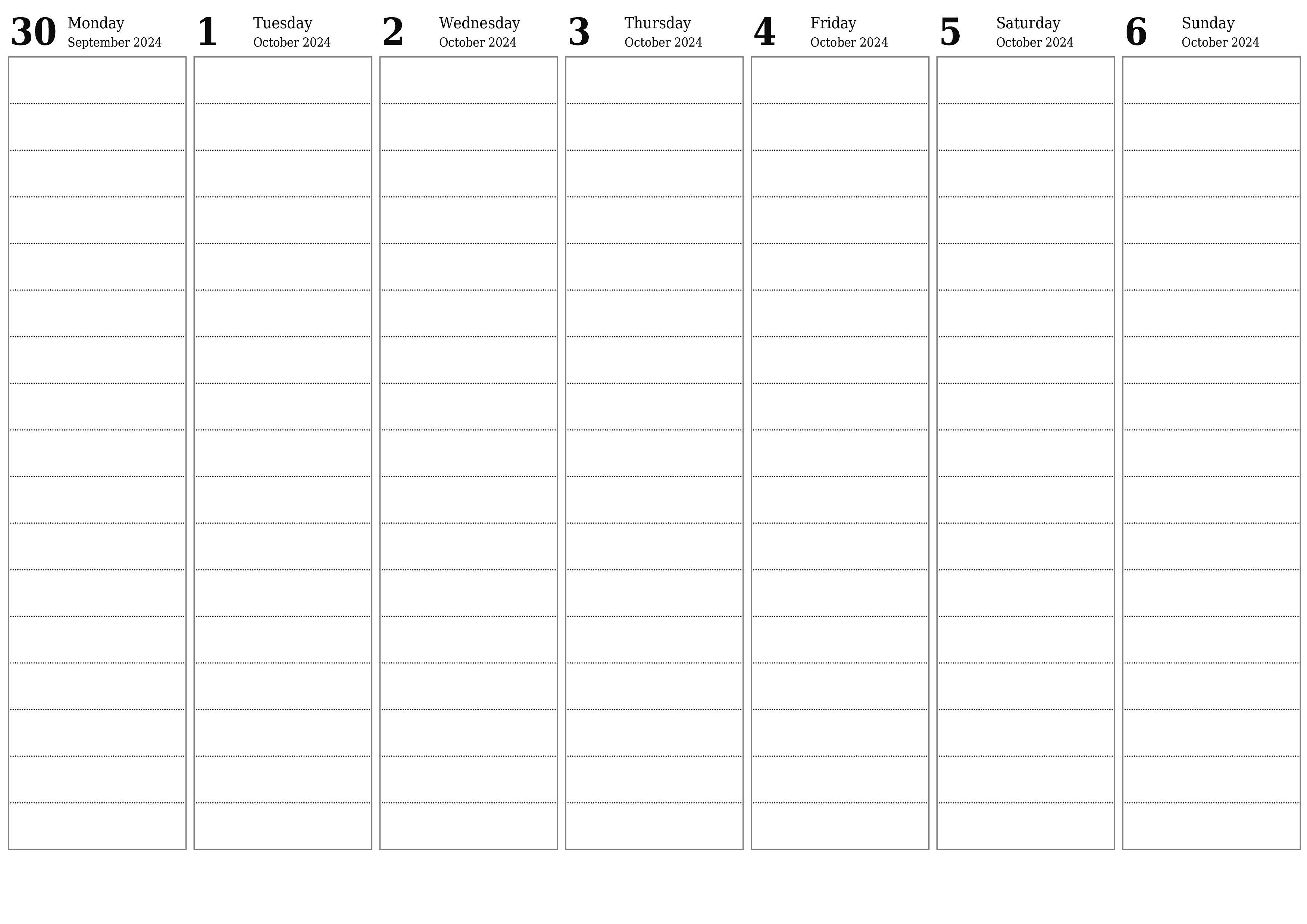 Blank weekly printable calendar and planner for week October 2024 with notes, save and print to PDF PNG English