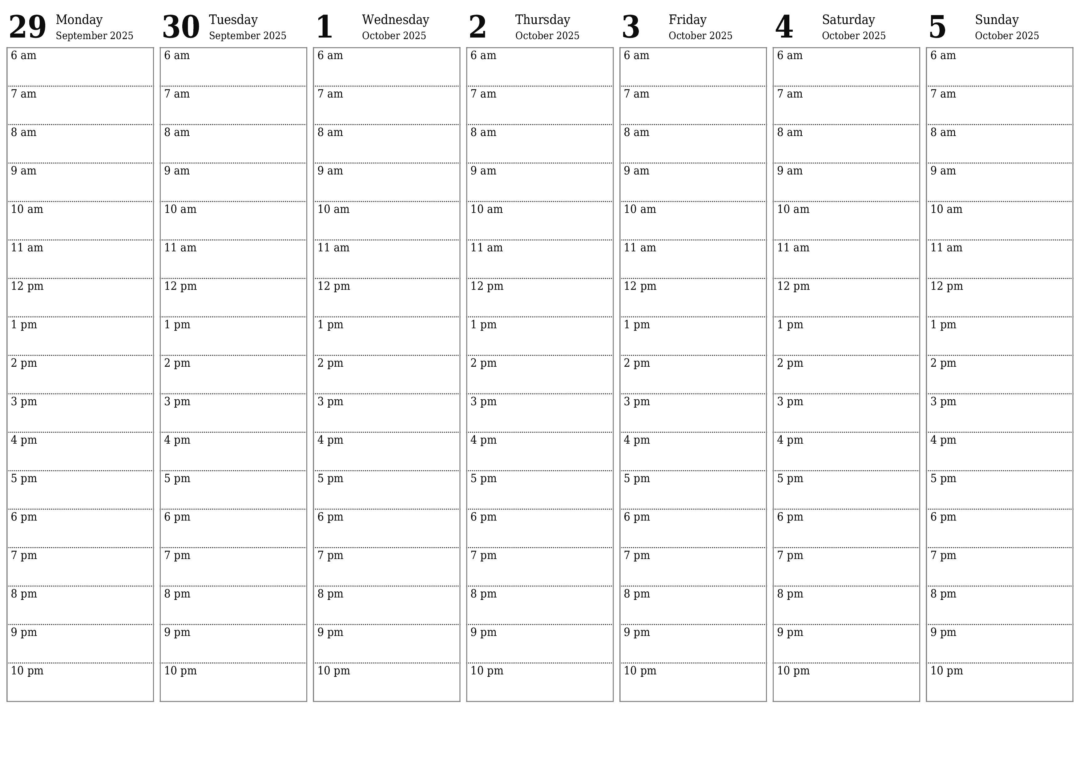 Blank weekly printable calendar and planner for week October 2025 with notes, save and print to PDF PNG English