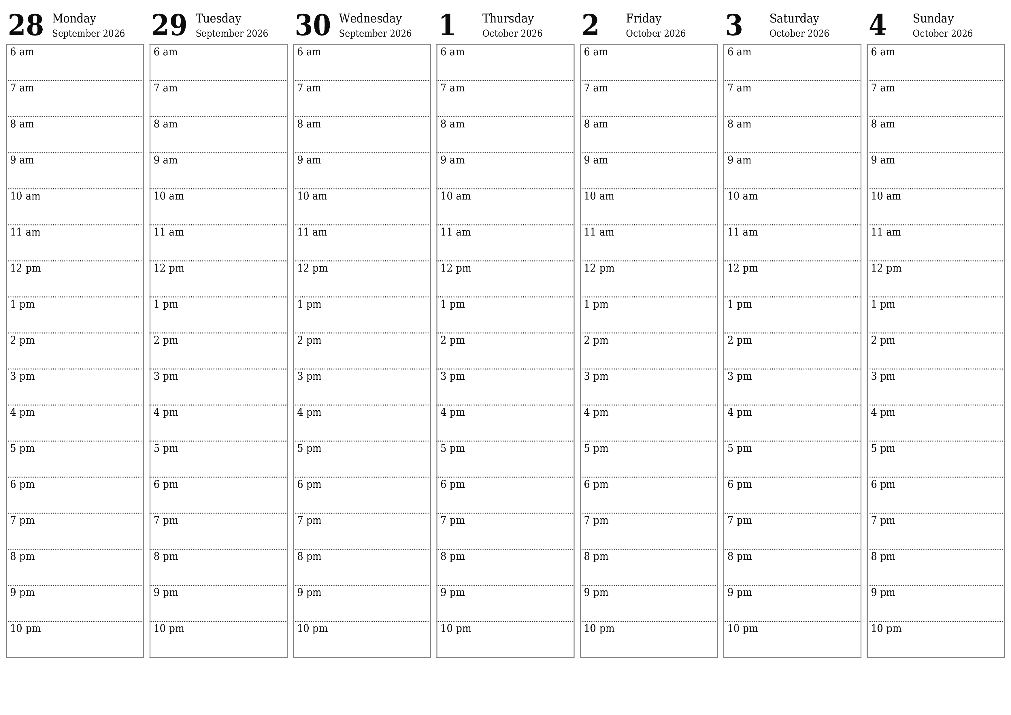 Blank weekly printable calendar and planner for week October 2026 with notes, save and print to PDF PNG English