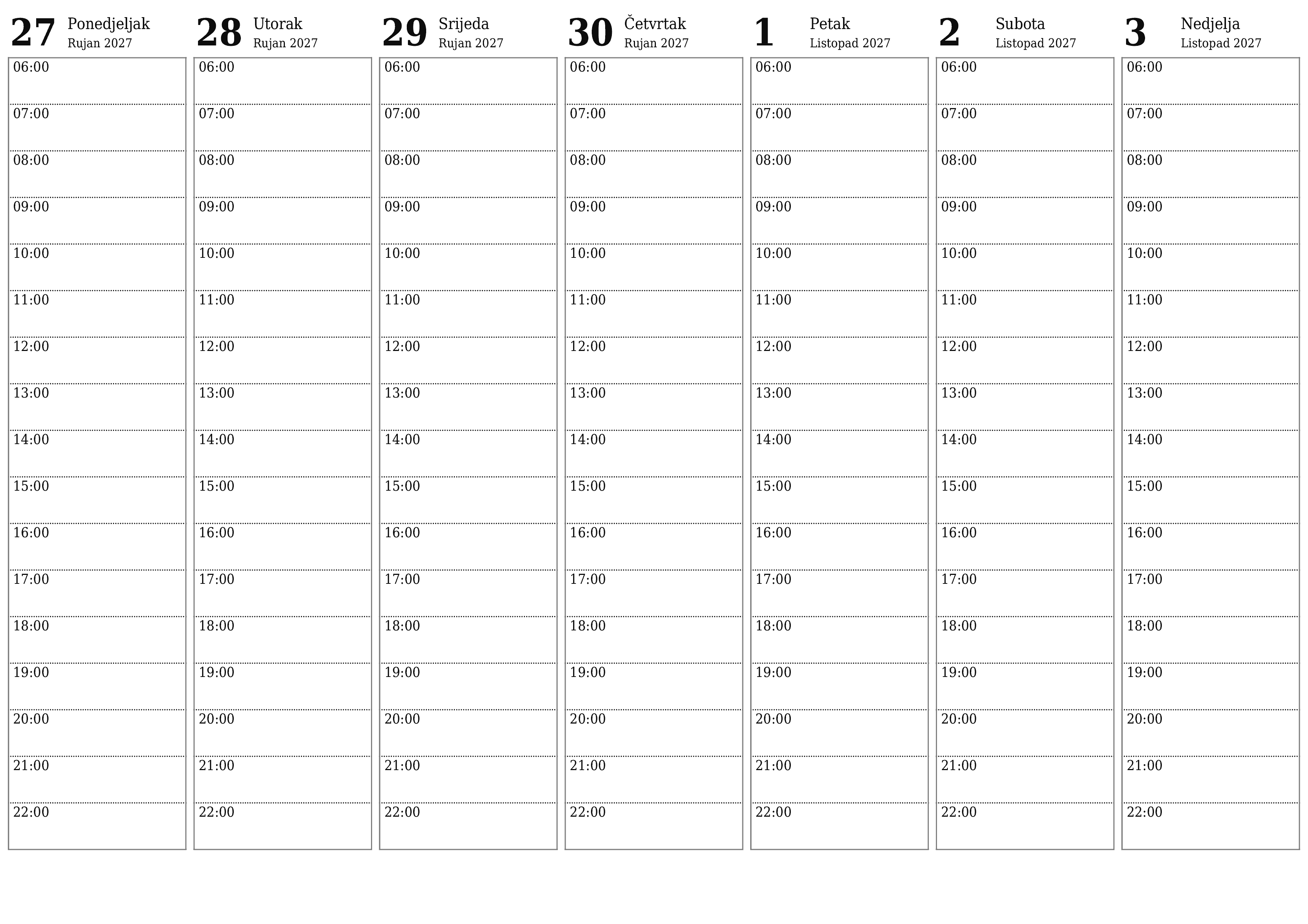 Ispraznite tjedni planer za tjedne Listopad 2027 s bilješkama, spremite i ispišite u PDF PNG Croatian