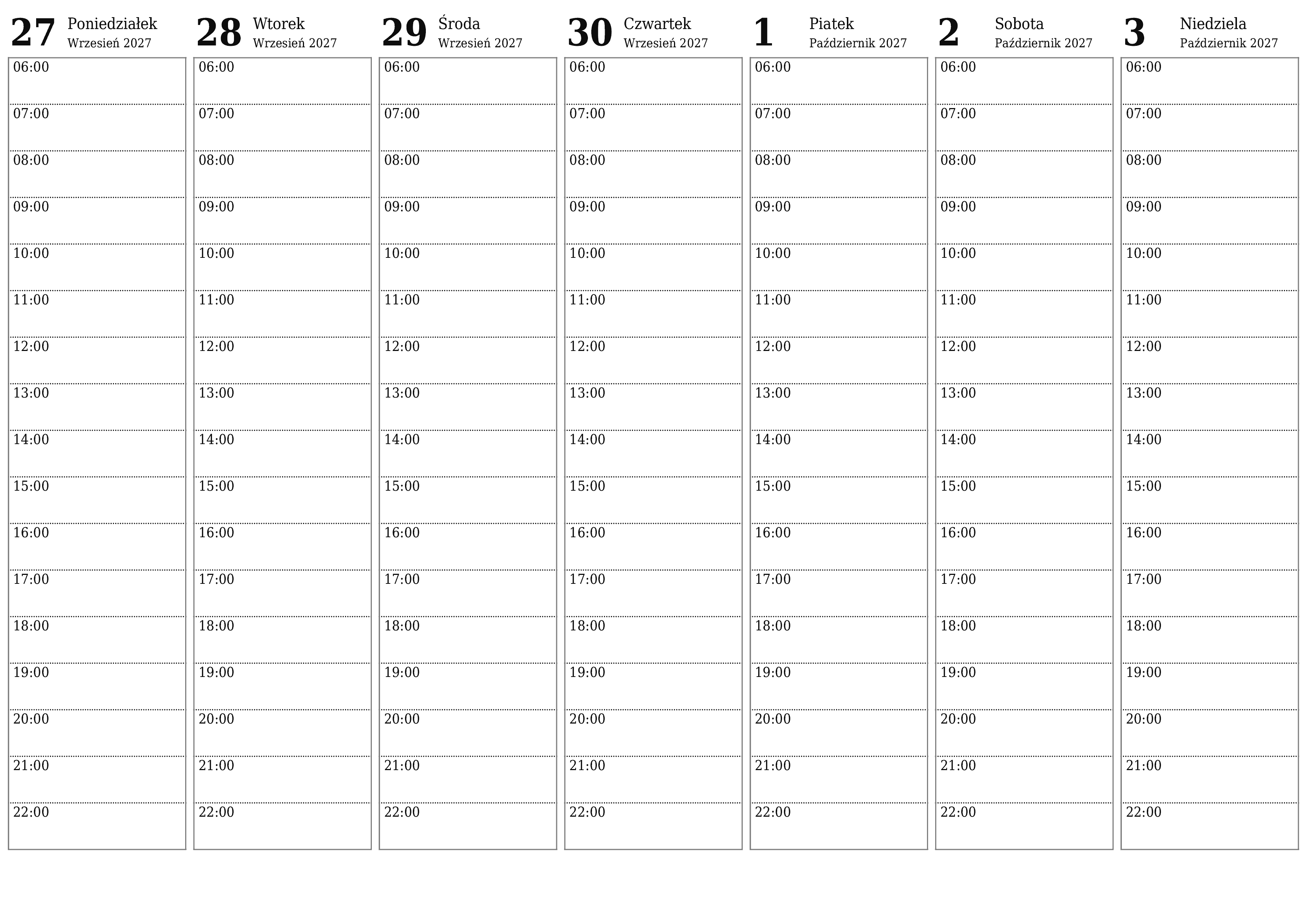 Opróżnij tygodniowy planer na tygodnie Październik 2027 z notatkami, zapisz i wydrukuj w formacie PDF PNG Polish